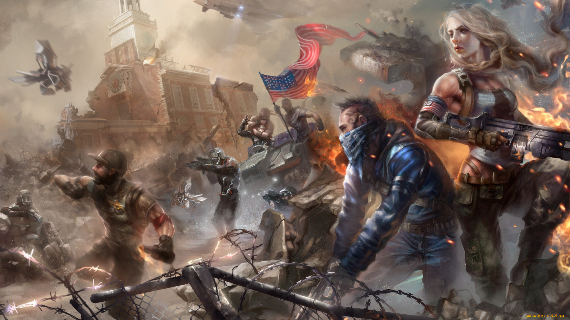 видео, игры, homefront, , the, revolution, девушка, мужчины, фон, барикады, флаг