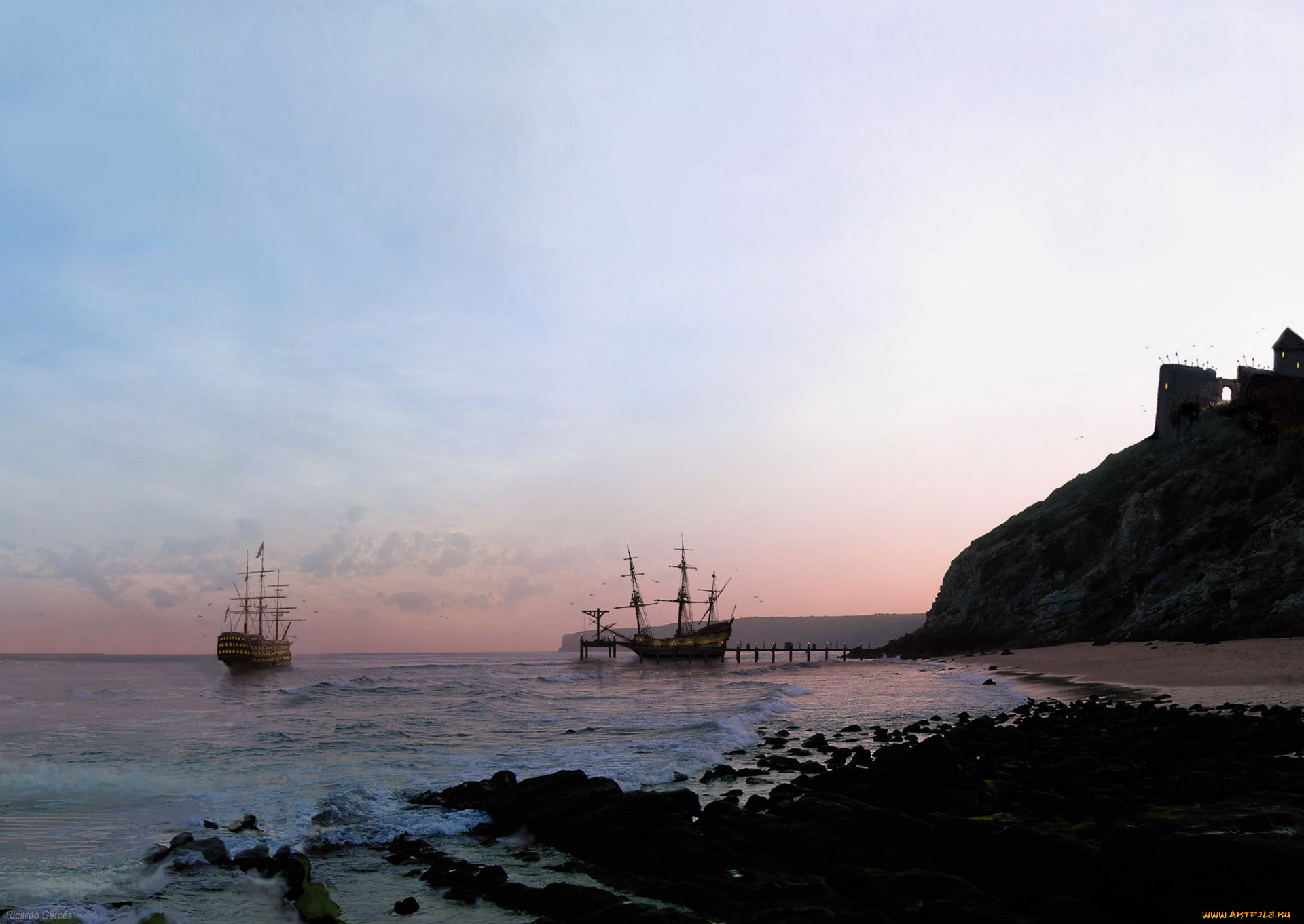 корабли, парусники, причал, море, берег