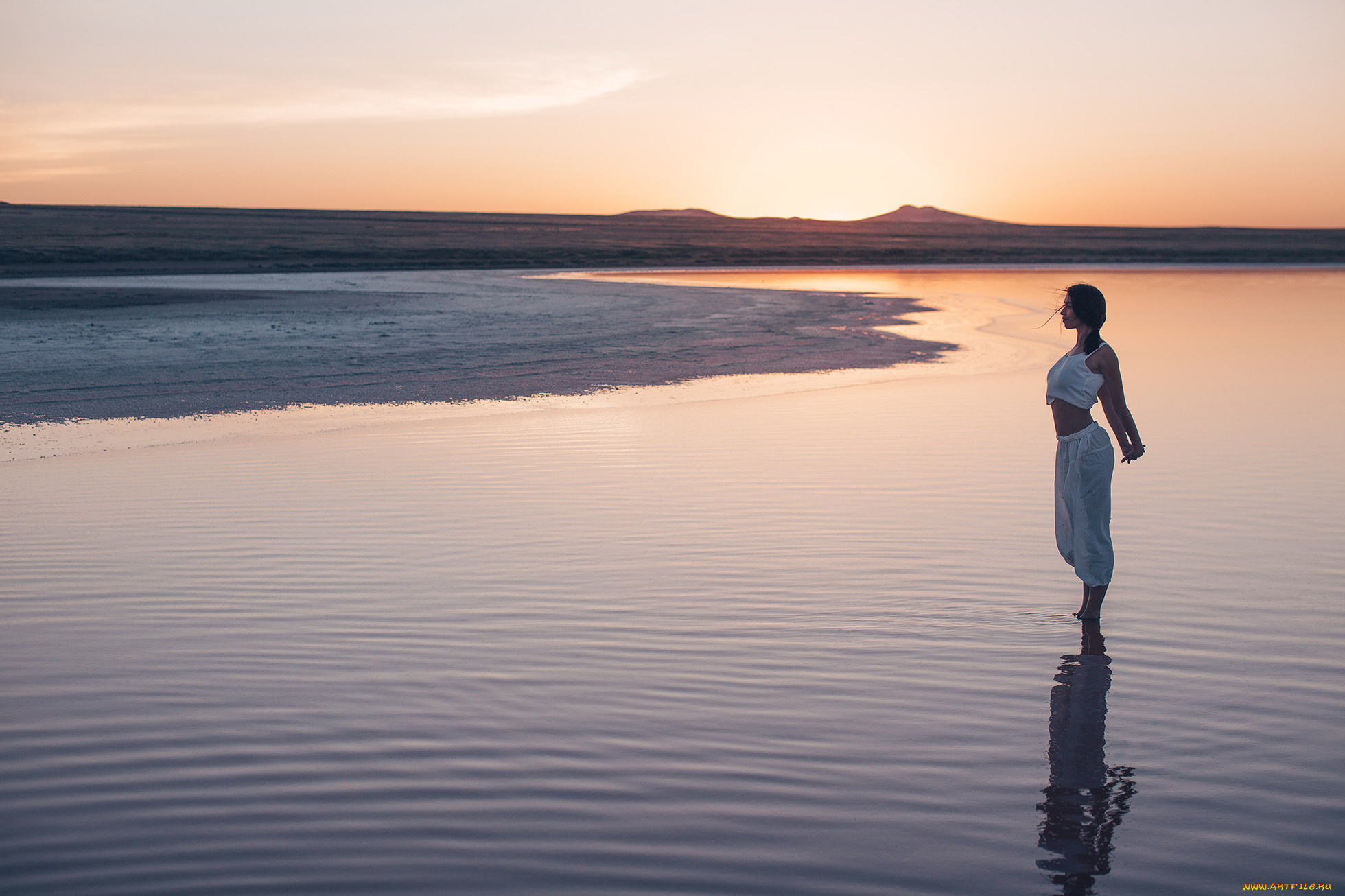 девушки, -, брюнетки, , шатенки, брюнетка, топ, штаны, озеро, берег, заря