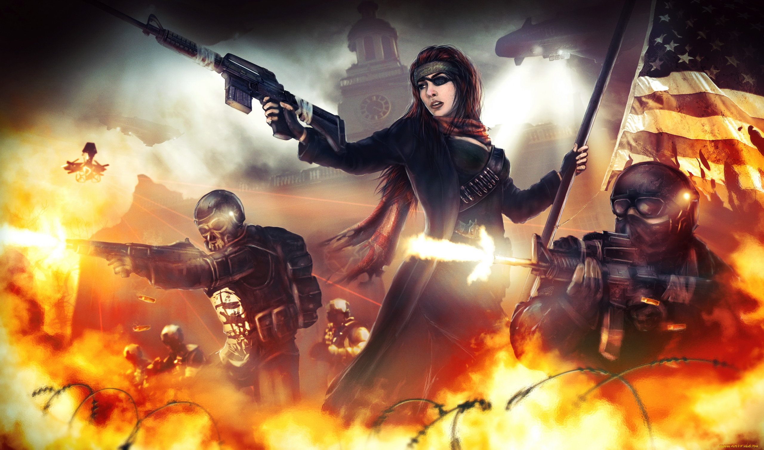 видео, игры, homefront, девушка, мужчины, бой, оружие, флаг