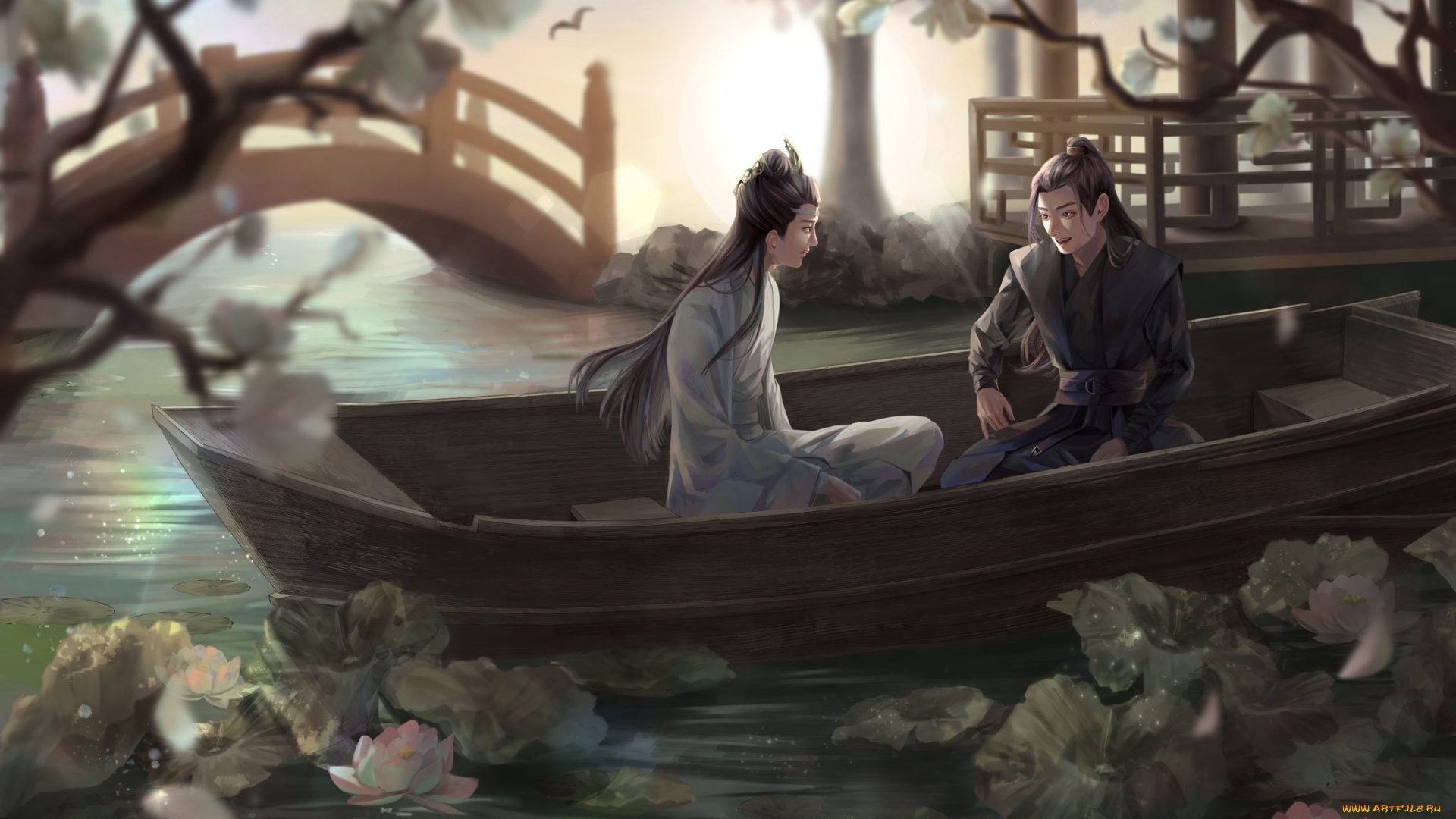 рисованное, кино, , мультфильмы, лань, ванцзи, вэй, усянь, лодка, пруд