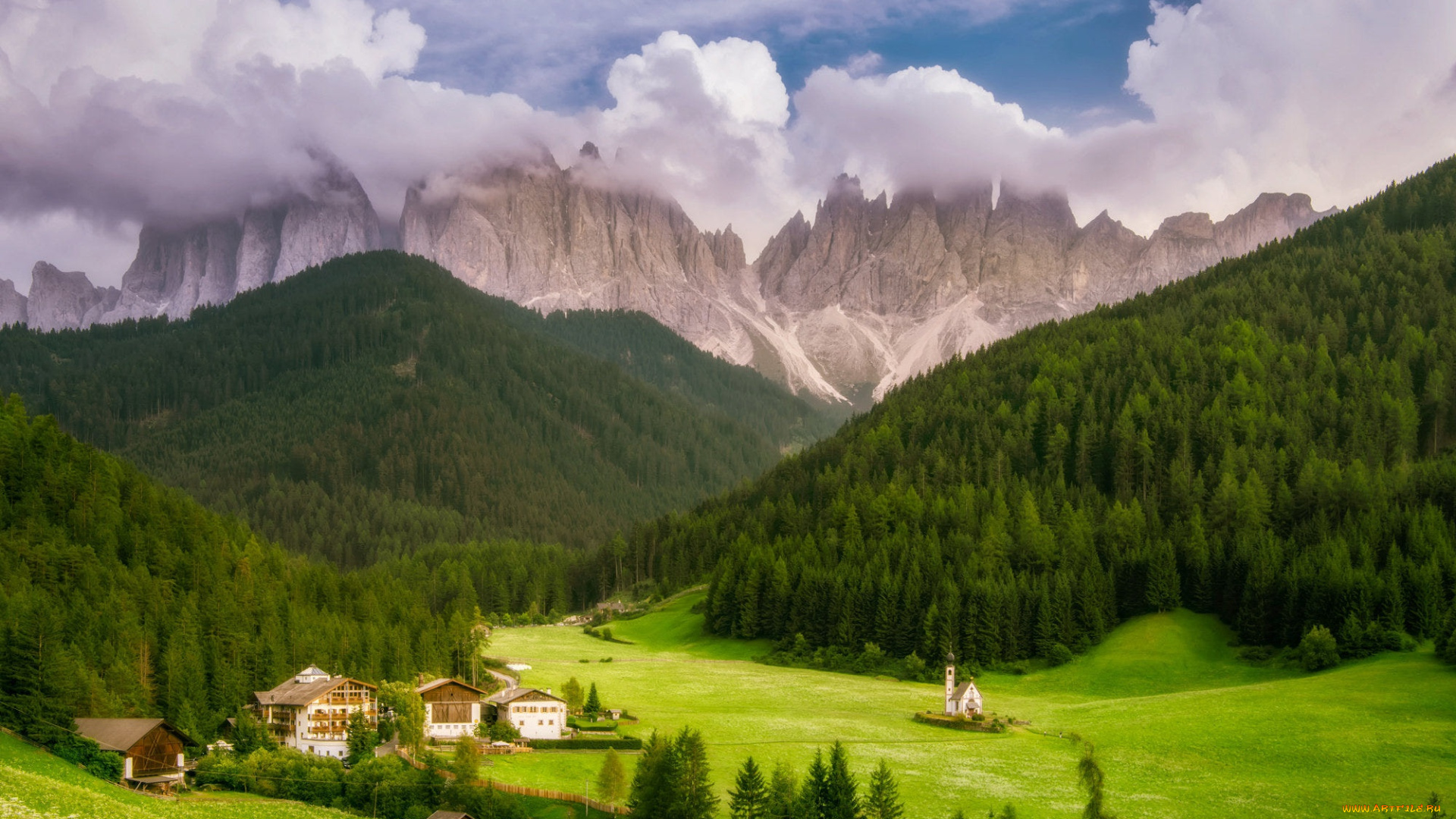 города, -, здания, , дома, лес, горы, альпы, церковь