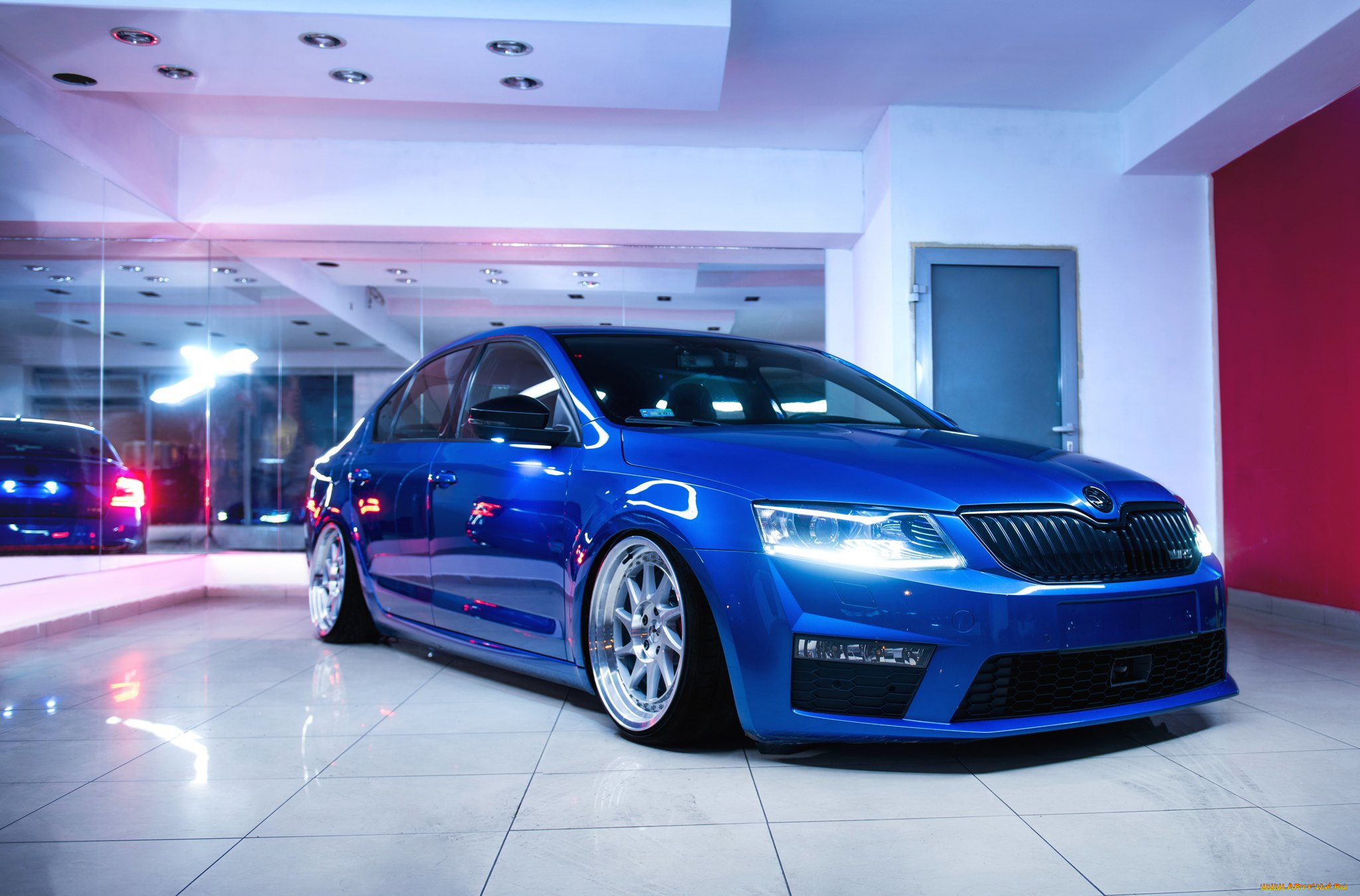 автомобили, skoda, blue, front, stance, wheels, octavia