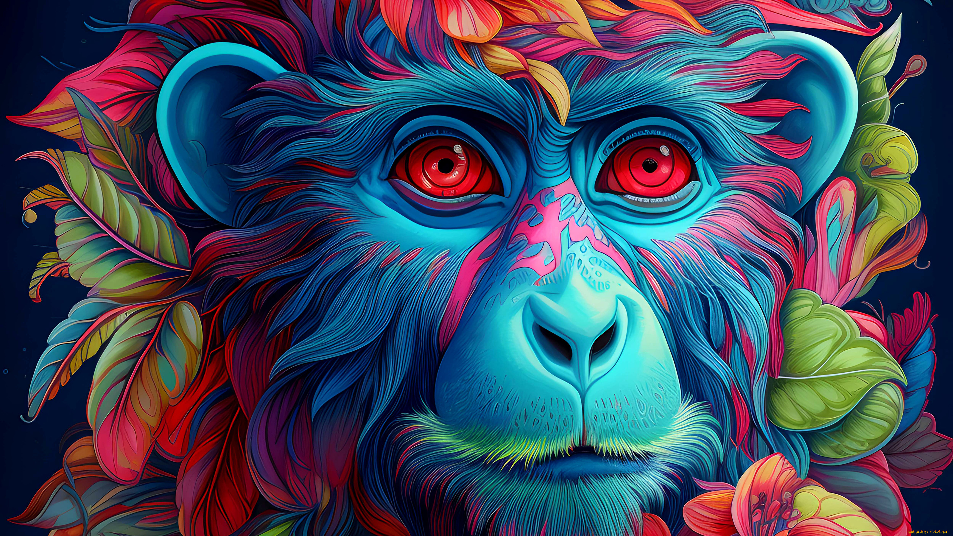 рисованное, животные, нейросети, обезьяна