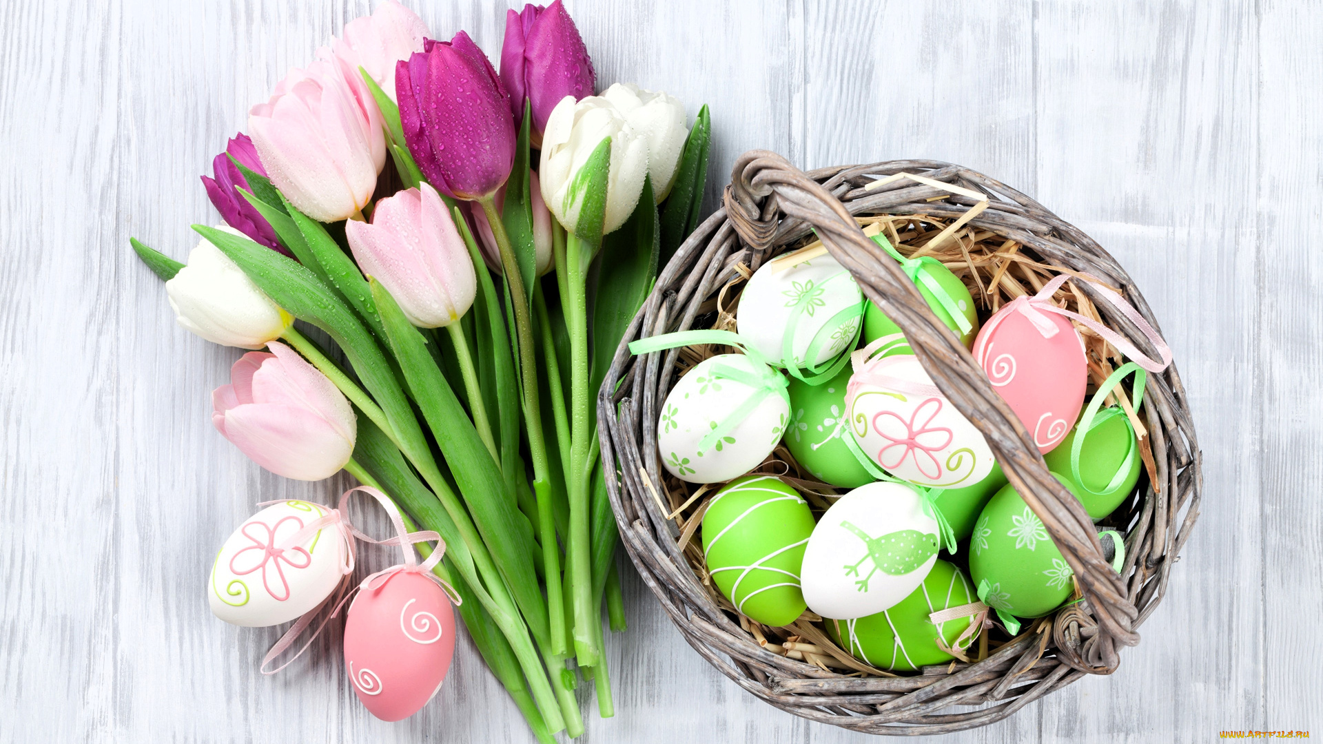 праздничные, пасха, тюльпаны, корзина, яйца