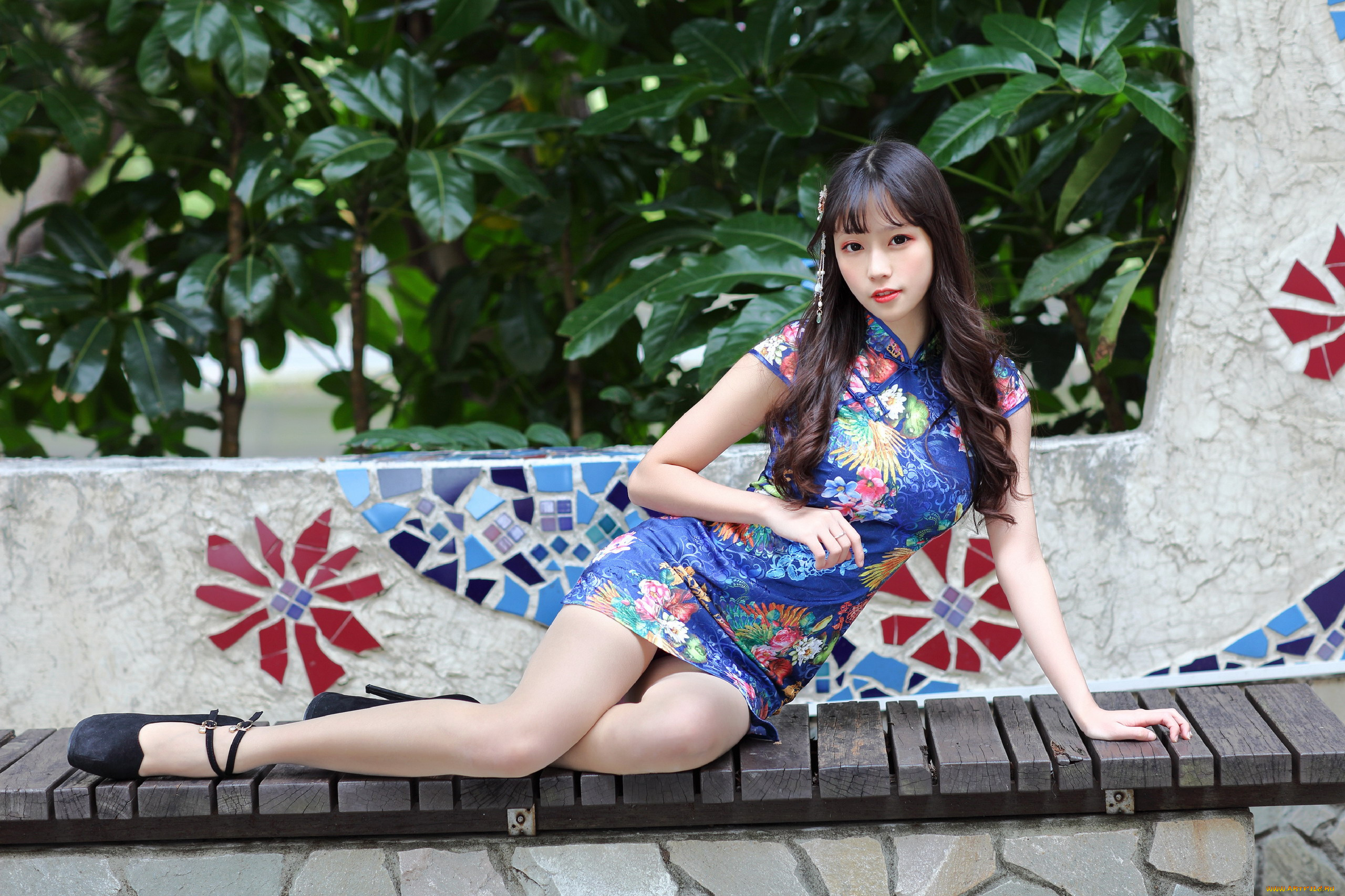 девушки, -, азиатки, азиатка, поза, платье, мини