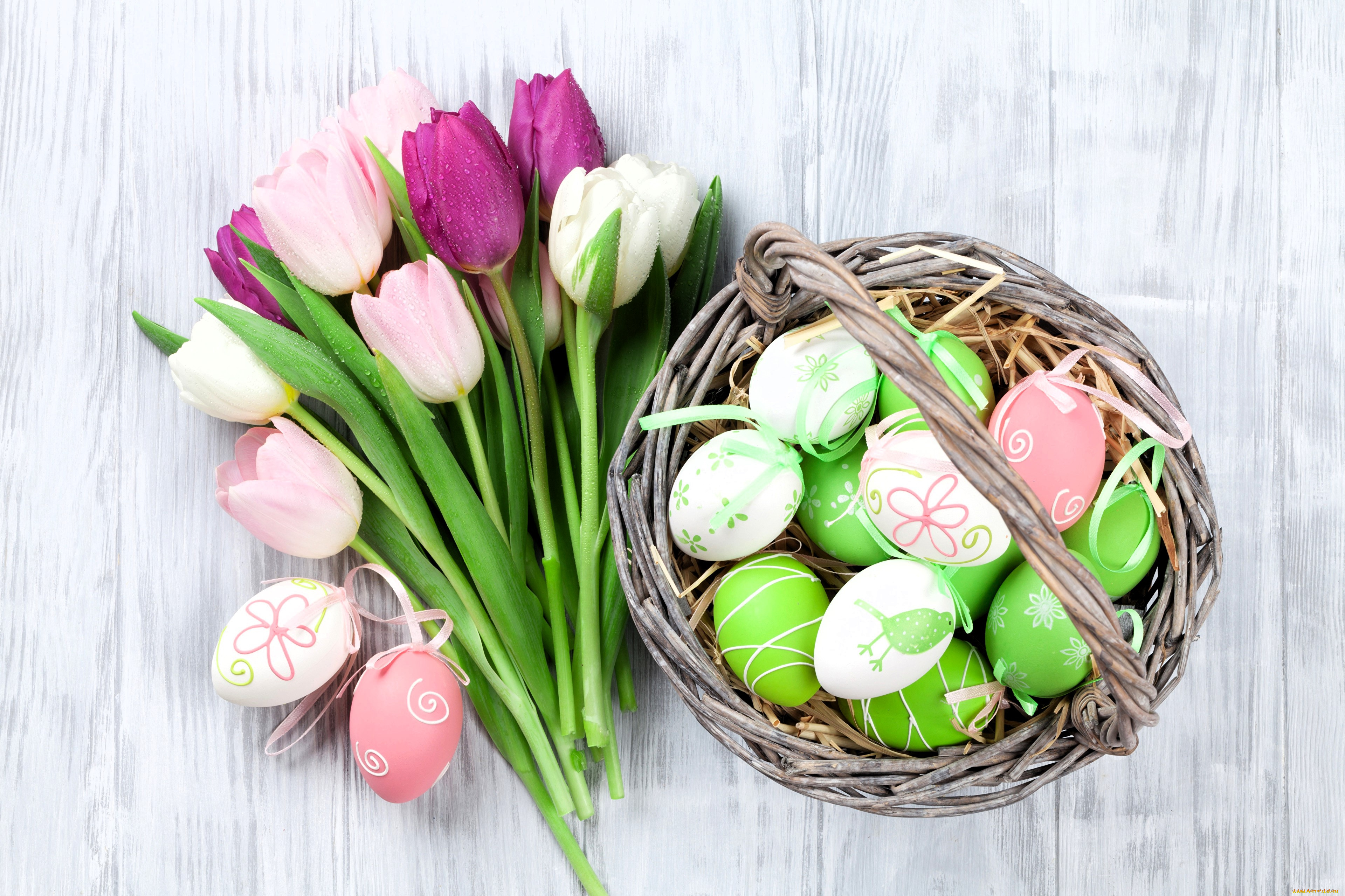 праздничные, пасха, тюльпаны, корзина, яйца