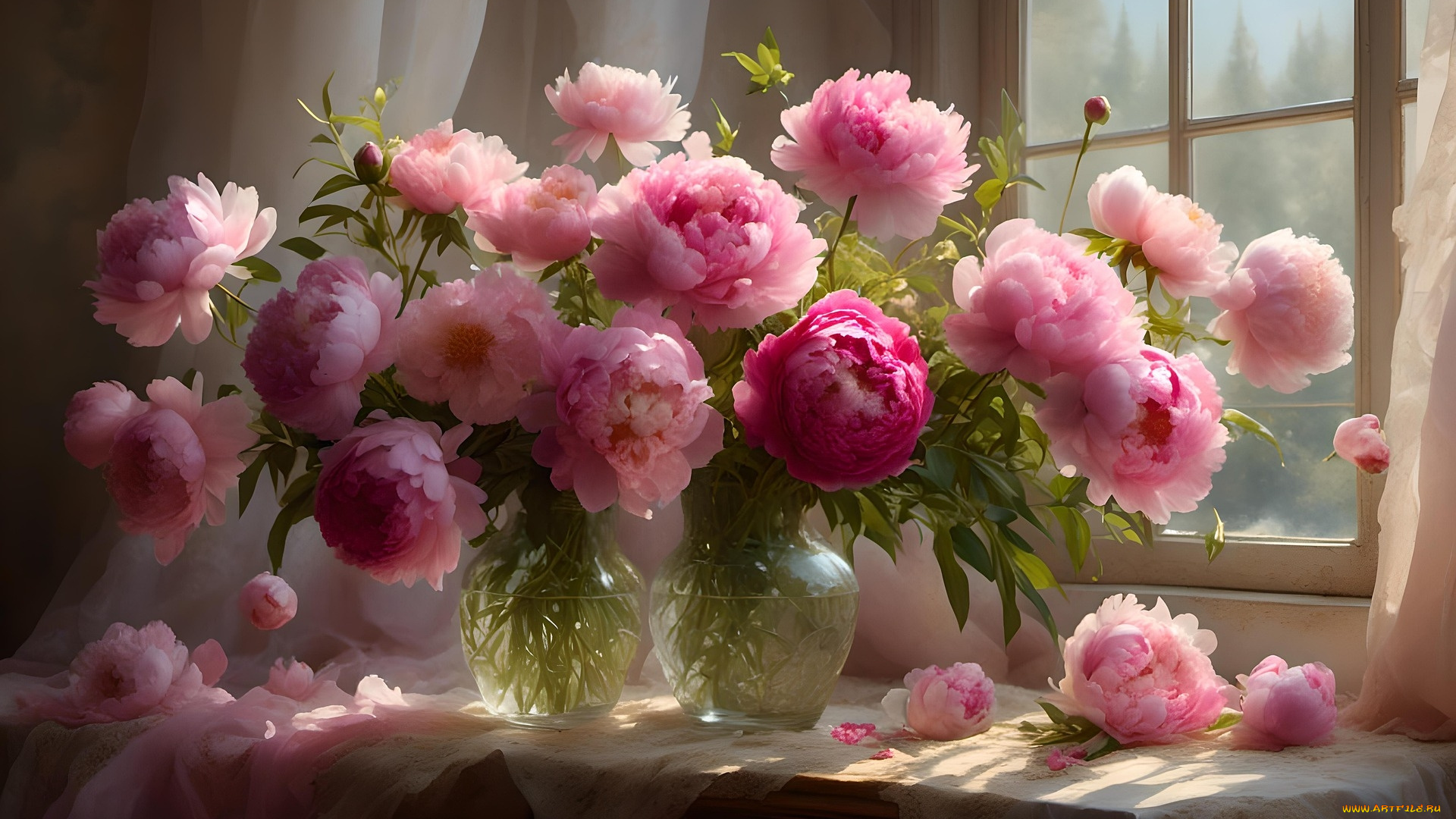 3д, графика, цветы, , flowers, пионы