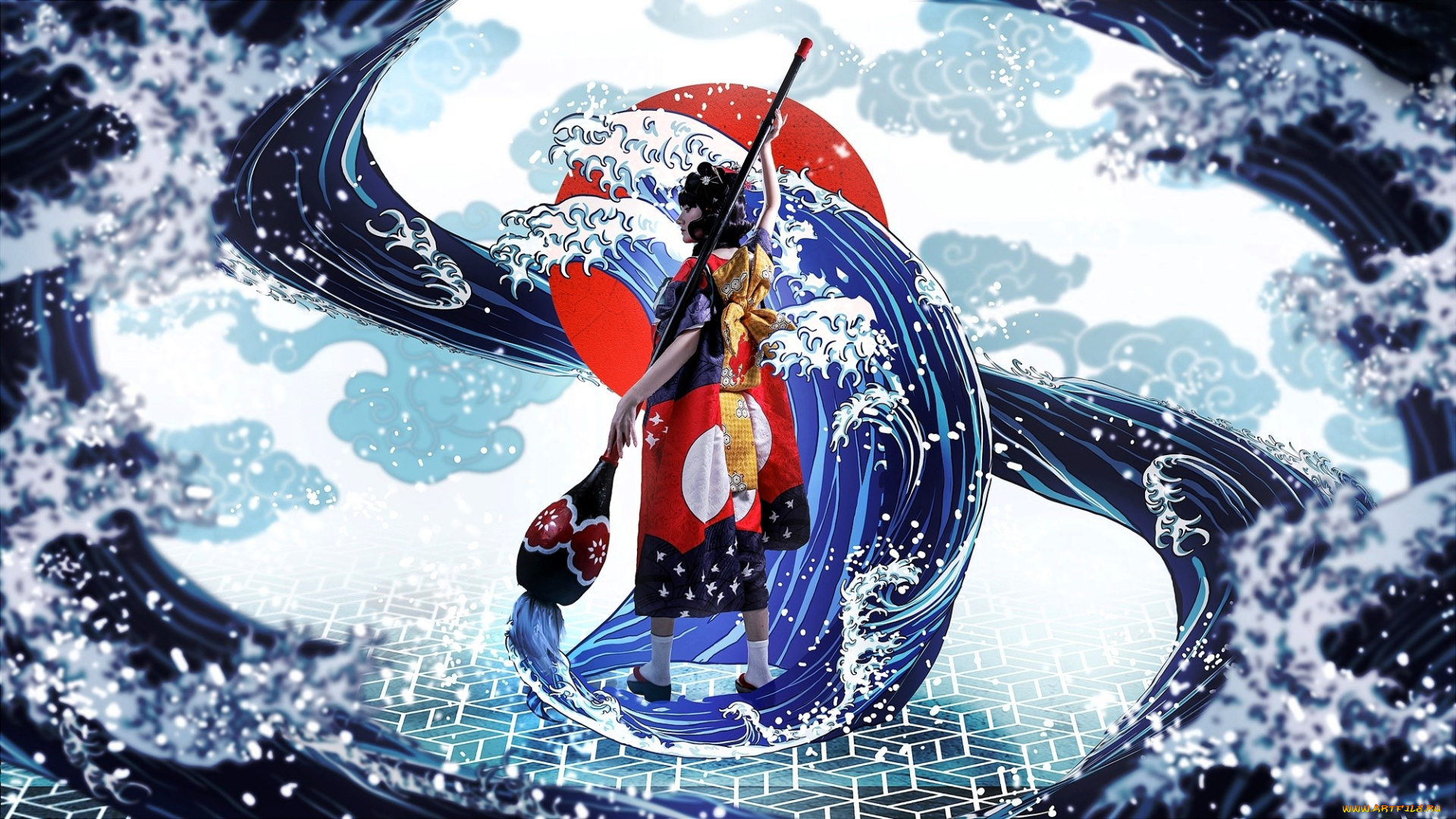 девушки, -, креатив, , косплей, образ, косплей, платье, наряд, кисть, волны