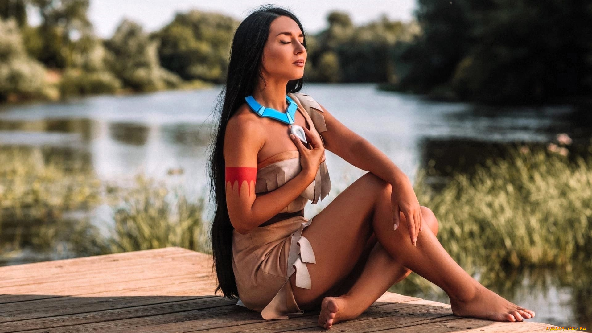 девушки, анна, шаховская, образ, косплей, платье, наряд, озеро, лес, мостки