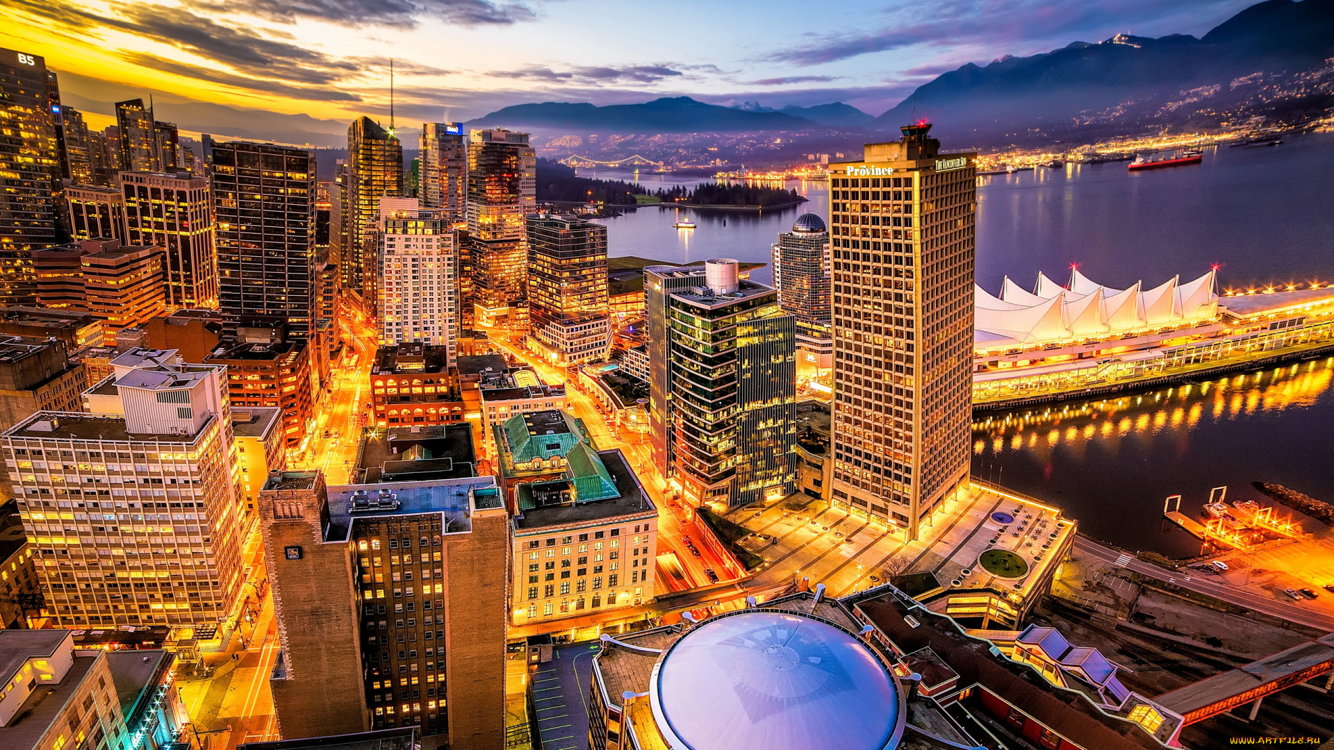 города, ванкувер, , канада, панорама, вечер, огни
