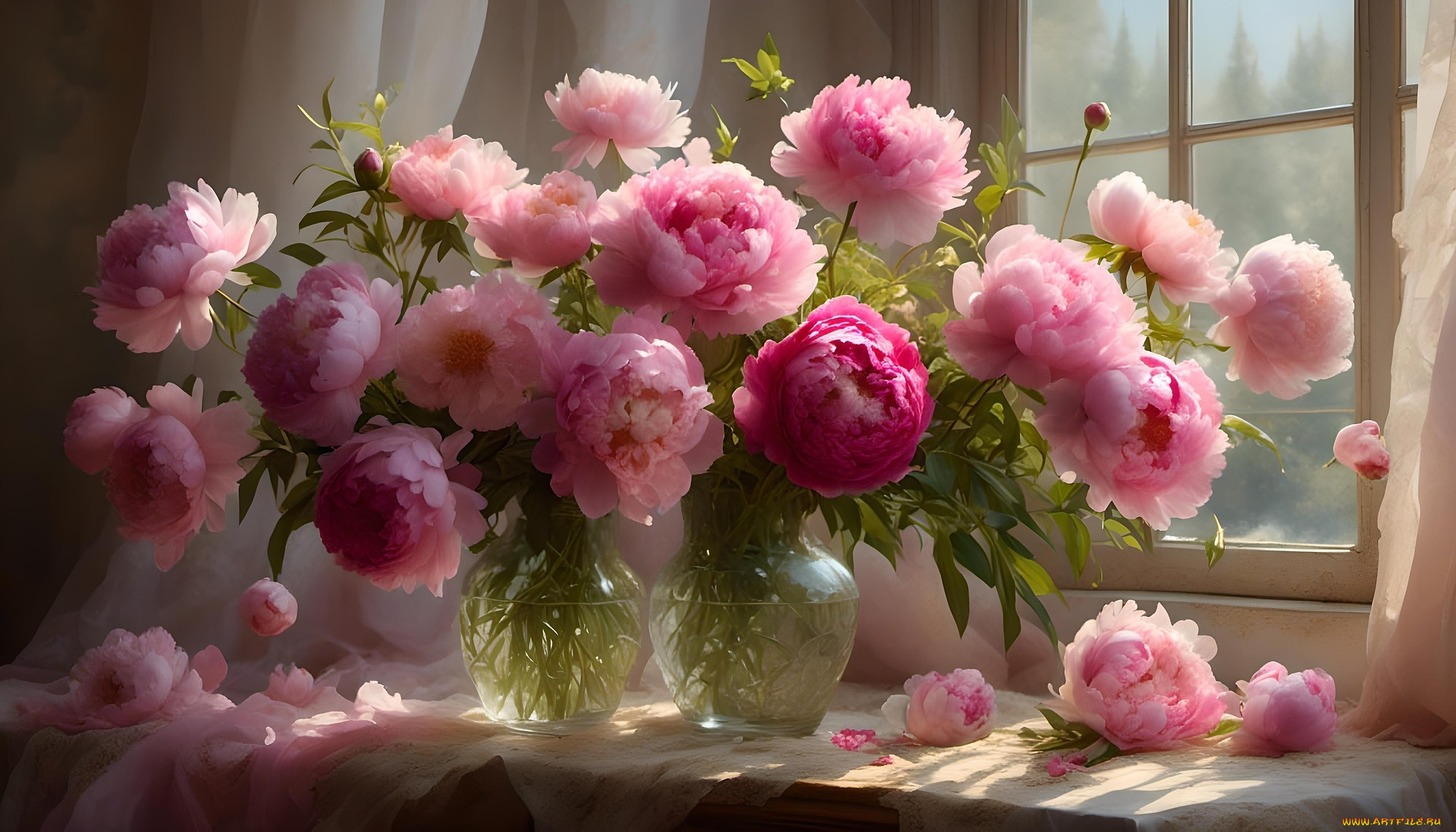 3д, графика, цветы, , flowers, пионы