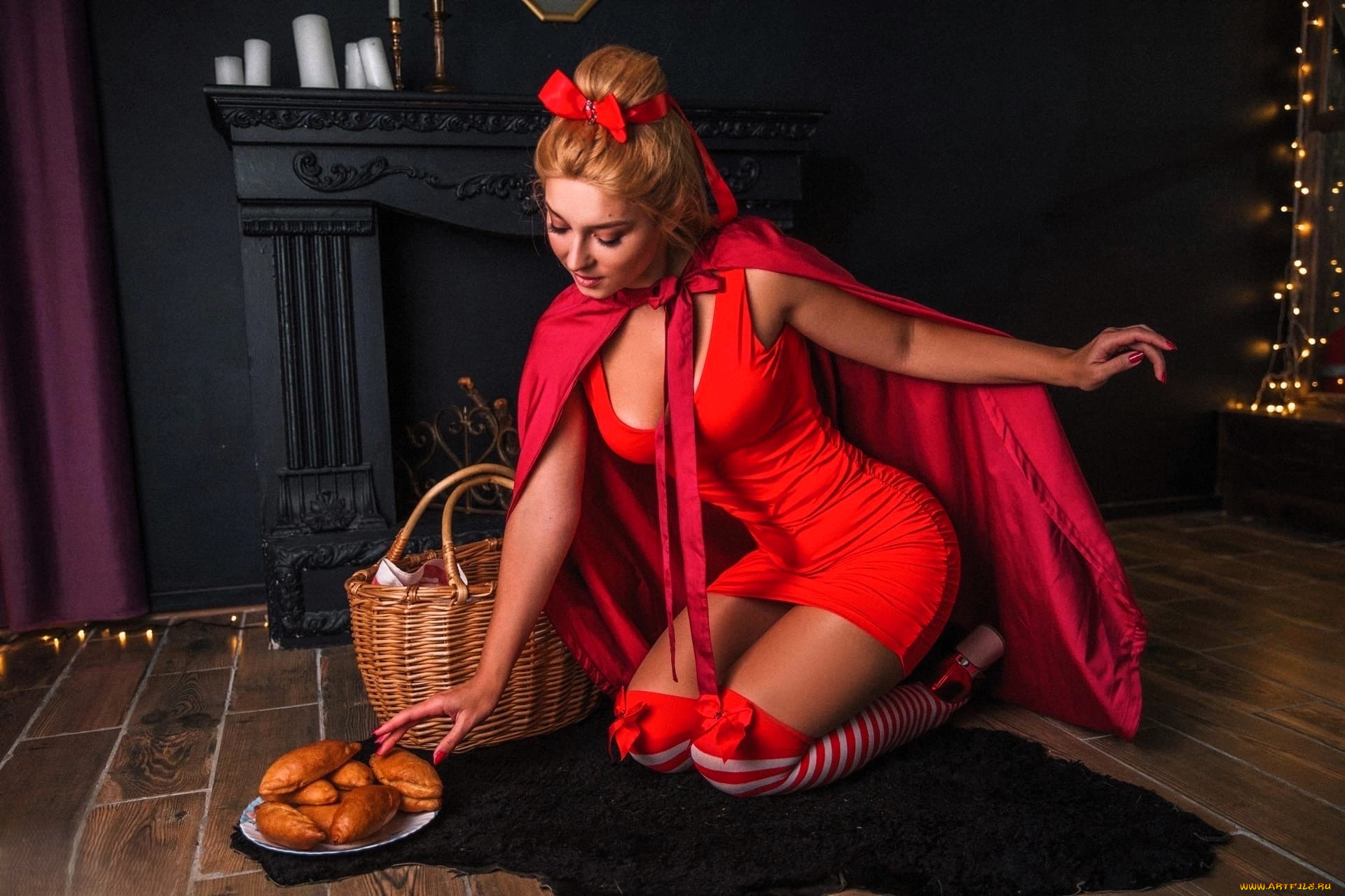 девушки, анна, шаховская, образ, косплей, наряд, костюм, камин, пирожки, плащ, корзина, шкура