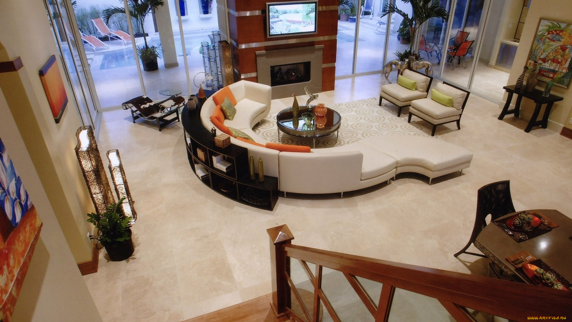 интерьер, гостиная, столик, телевизор, диван, кресла