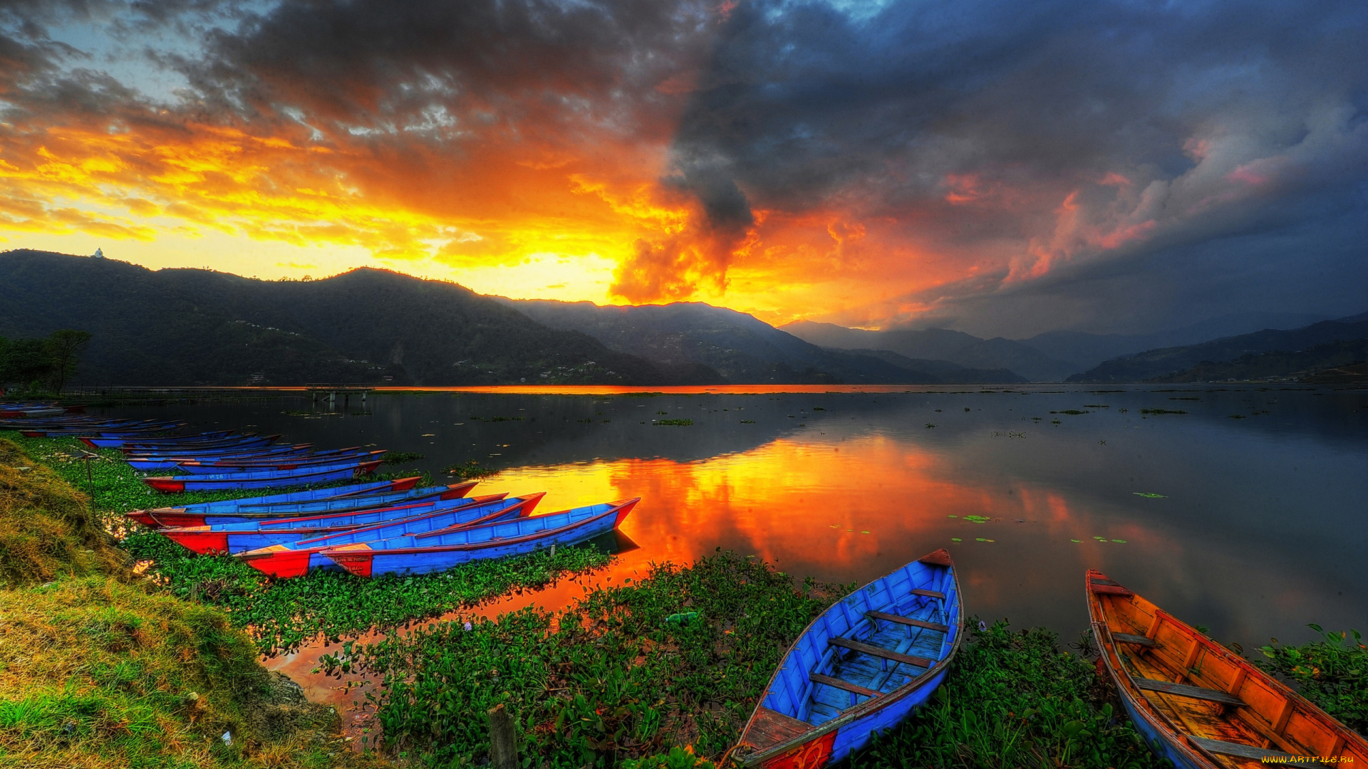корабли, лодки, шлюпки, озеро, пейзажи, закат, горы
