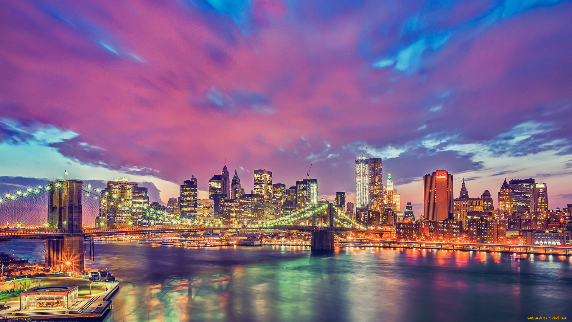 new, york, city, города, нью, йорк, сша, огни, nyc, brooklyn, bridge, manhattan, ночной, город