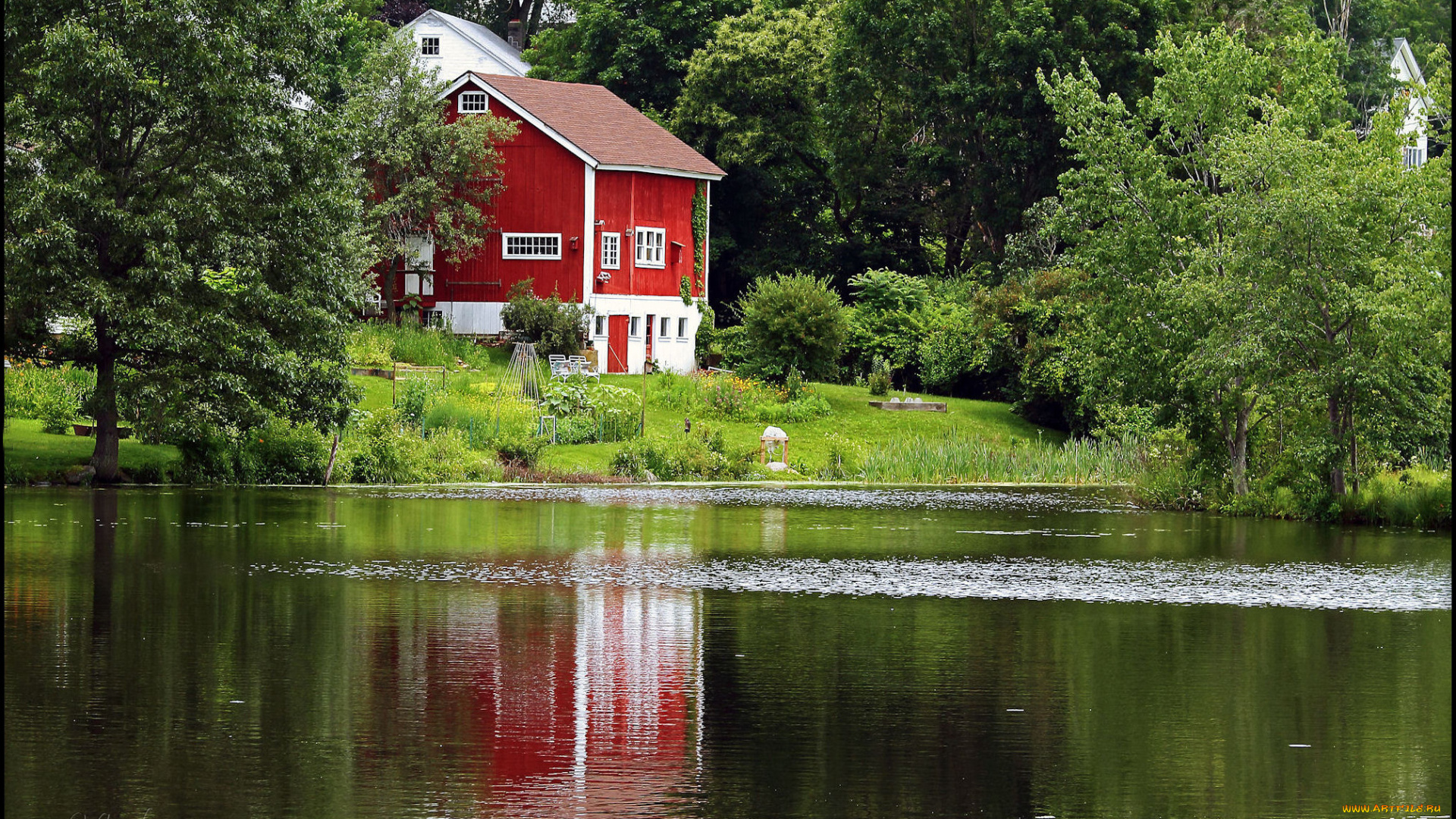 разное, сооружения, постройки, дом, лето, кусты, озеро