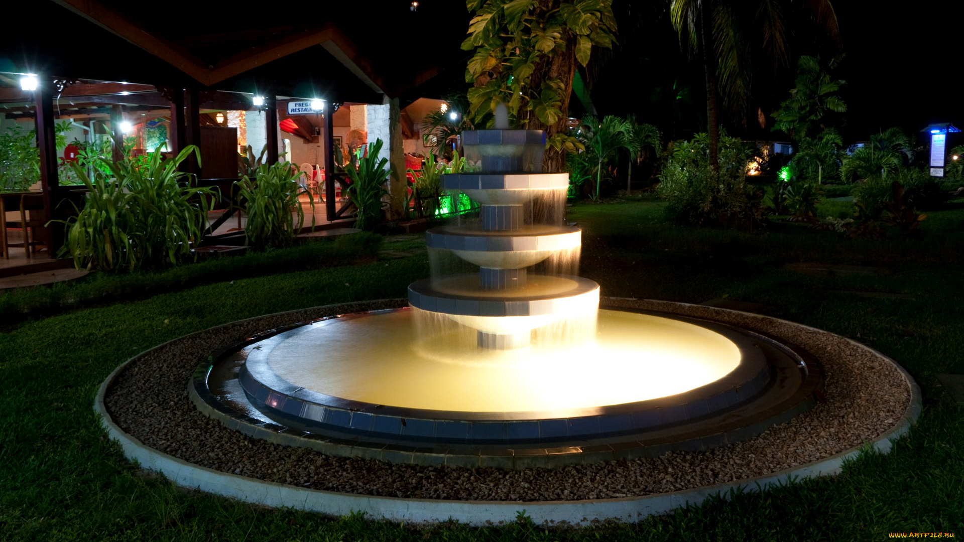 seychelles, города, фонтаны, ночь, остров, праслин, berjaya, hotel, фонтан, фонари
