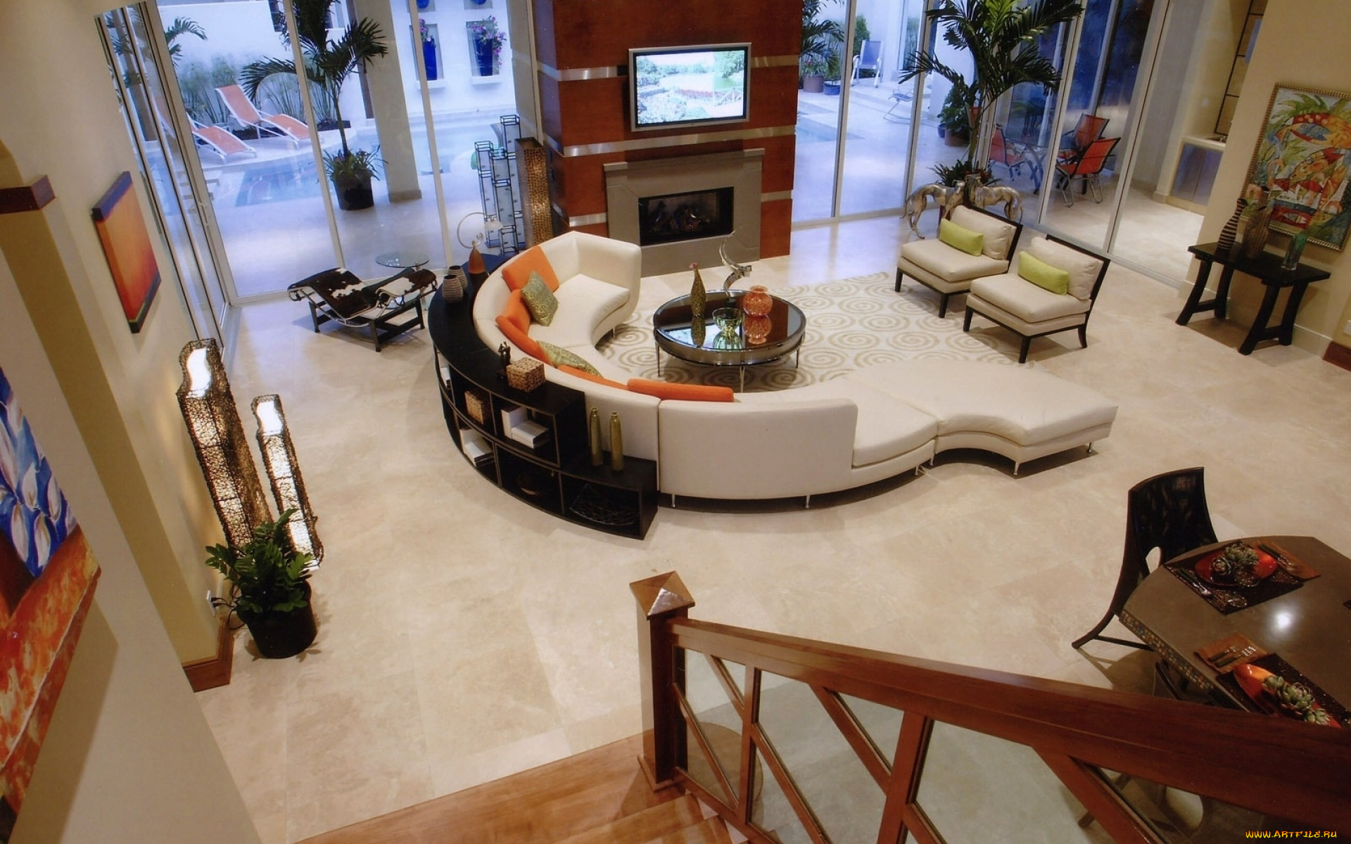 интерьер, гостиная, столик, телевизор, диван, кресла