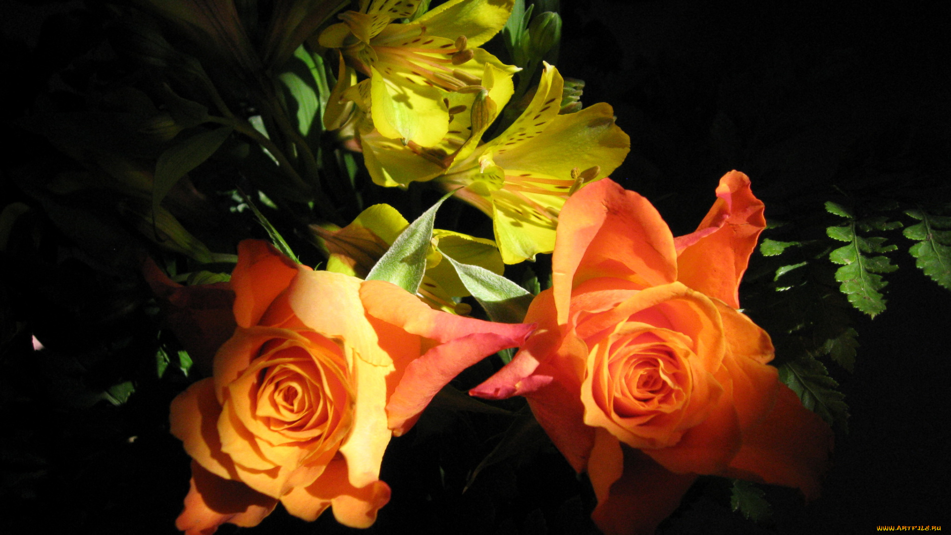 цветы, разные, вместе, розы, лилии, букет