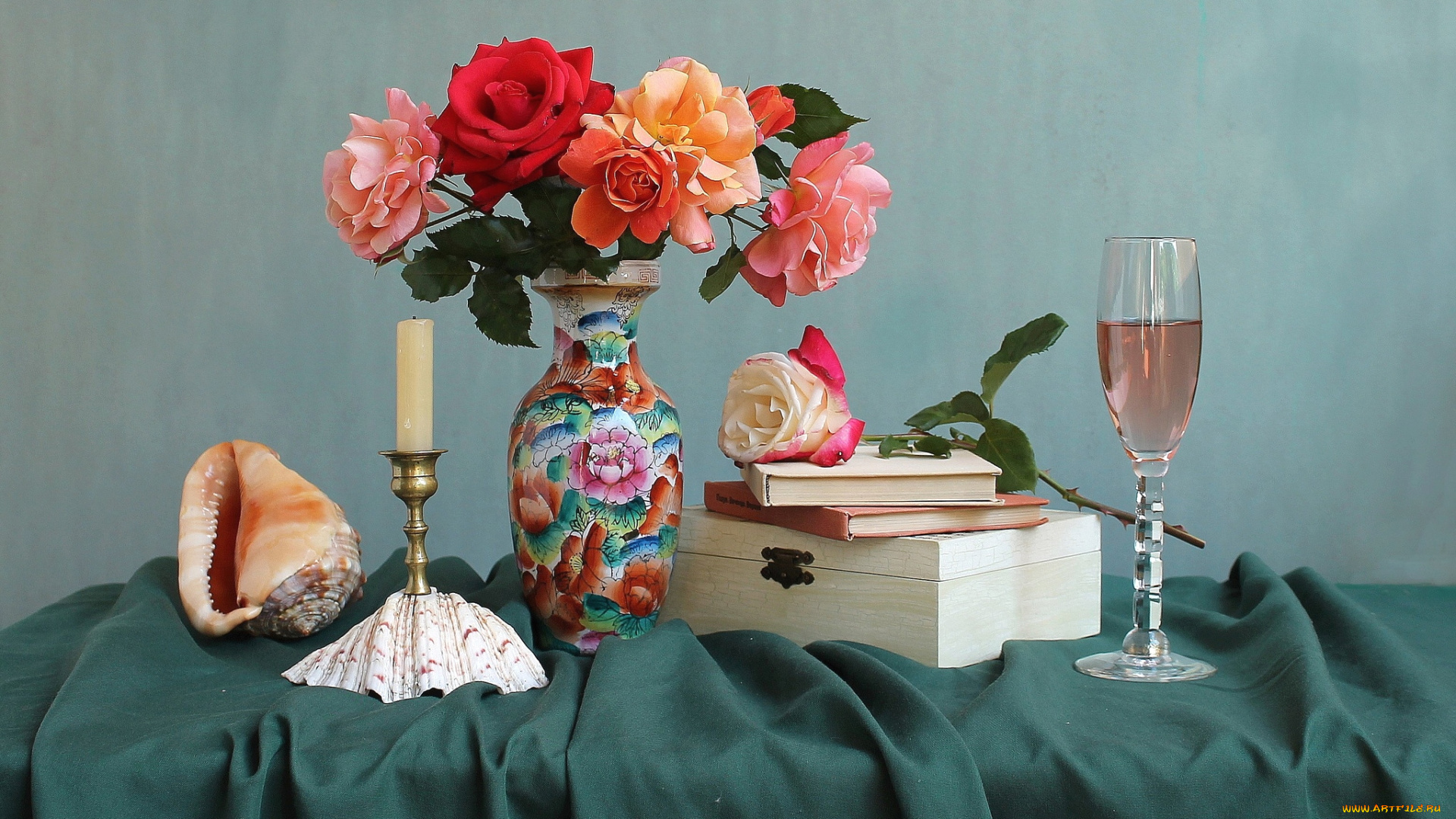 цветы, розы, свеча, ракушка, ваза, букет