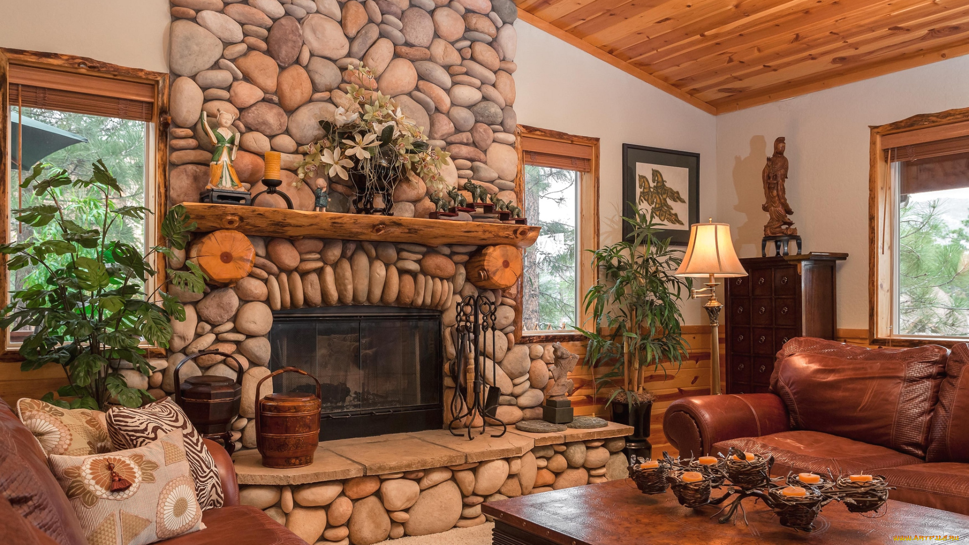 интерьер, камины, камень, декор, гостиная