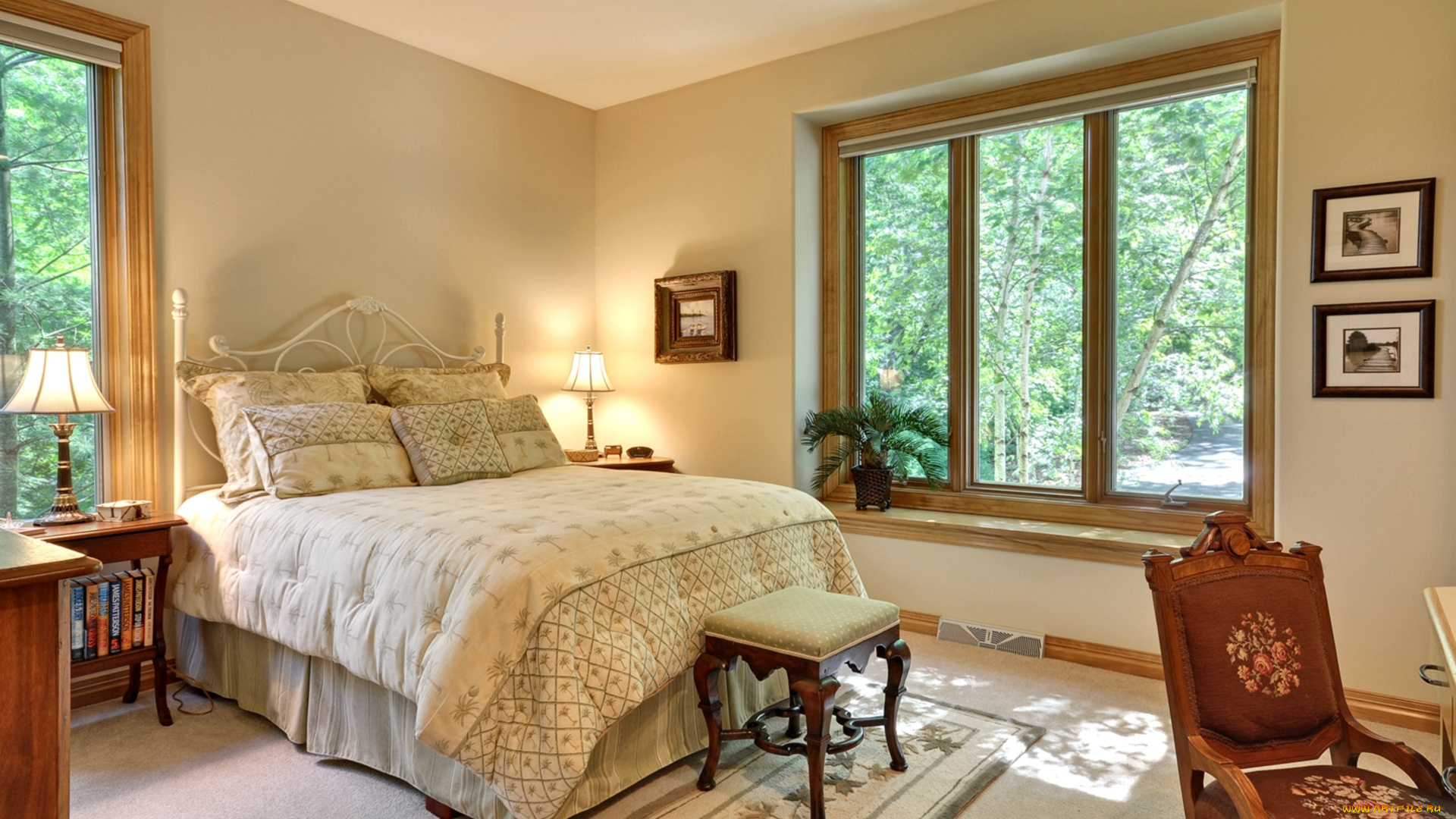 интерьер, спальня, кровать, окно, подушки