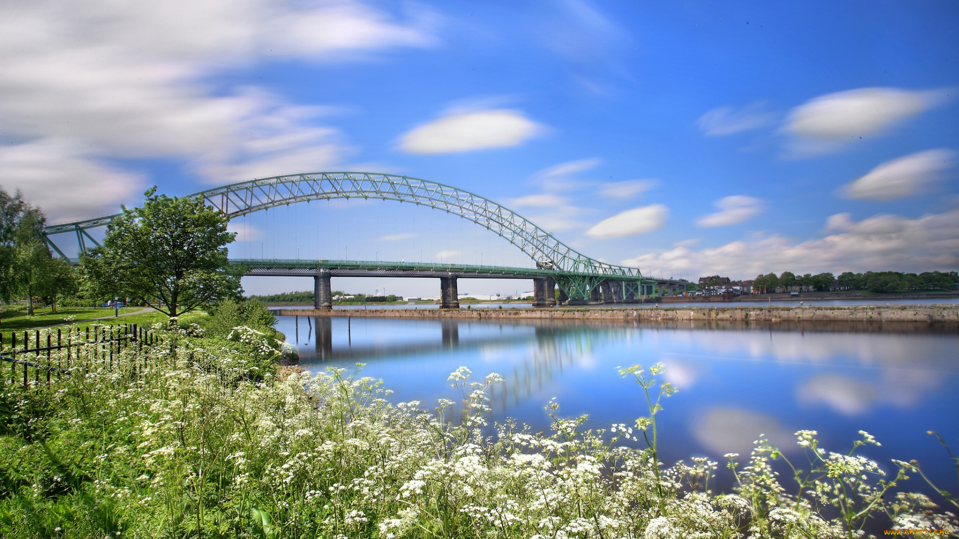 runcorn, england, города, мосты, ранкорн, англия, река, цветы