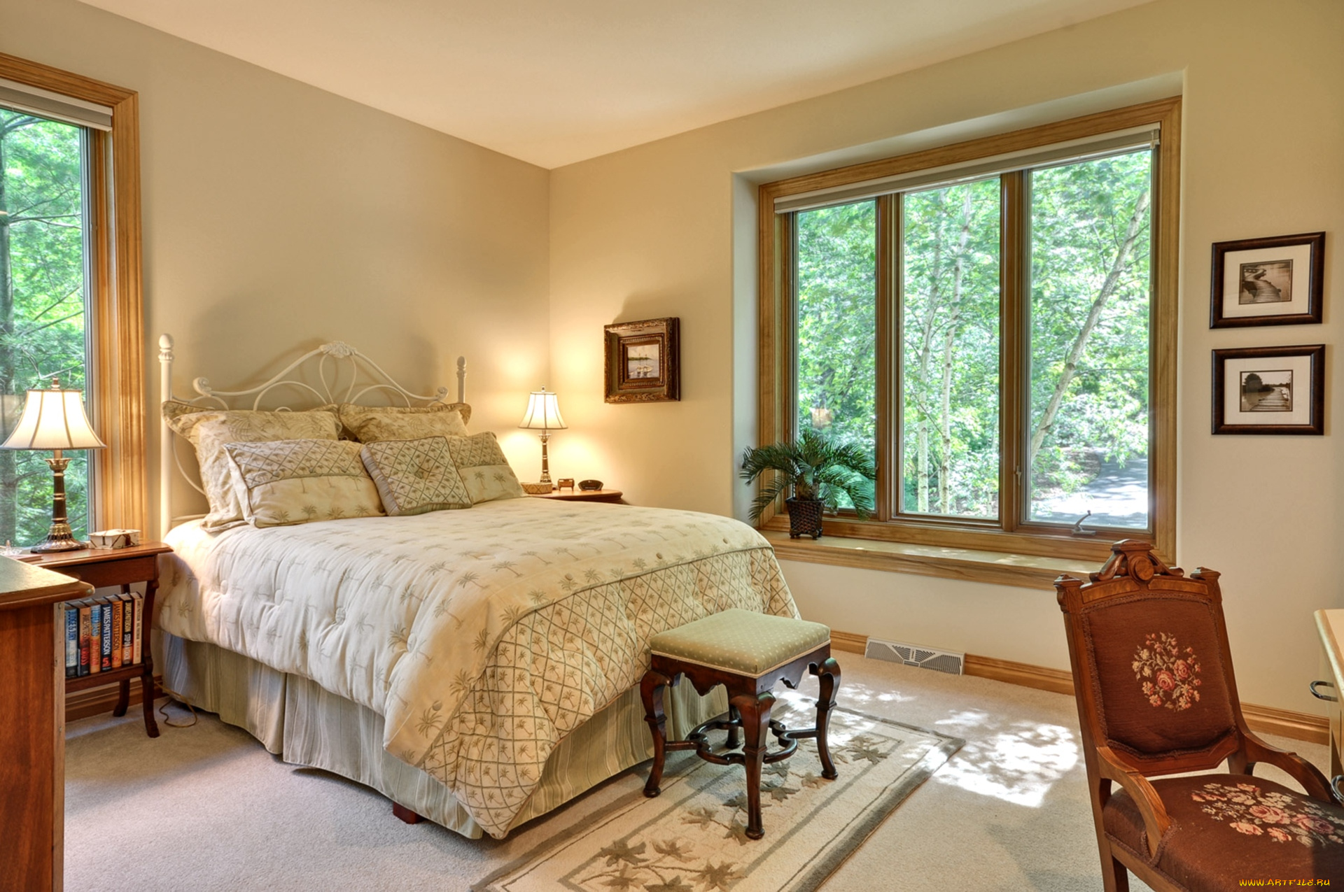 интерьер, спальня, кровать, окно, подушки