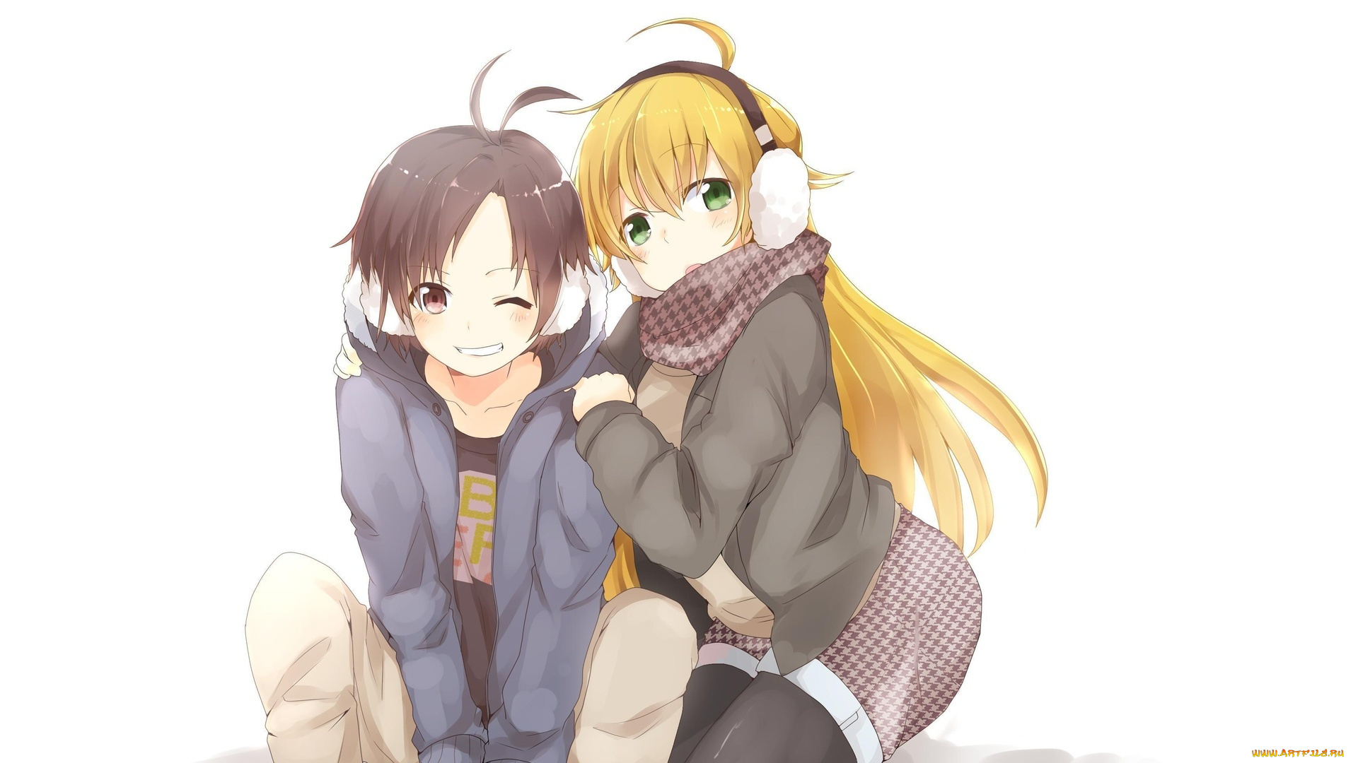 аниме, idolm@ster, девочка, парень, улыбка, арт, настроение, наушники