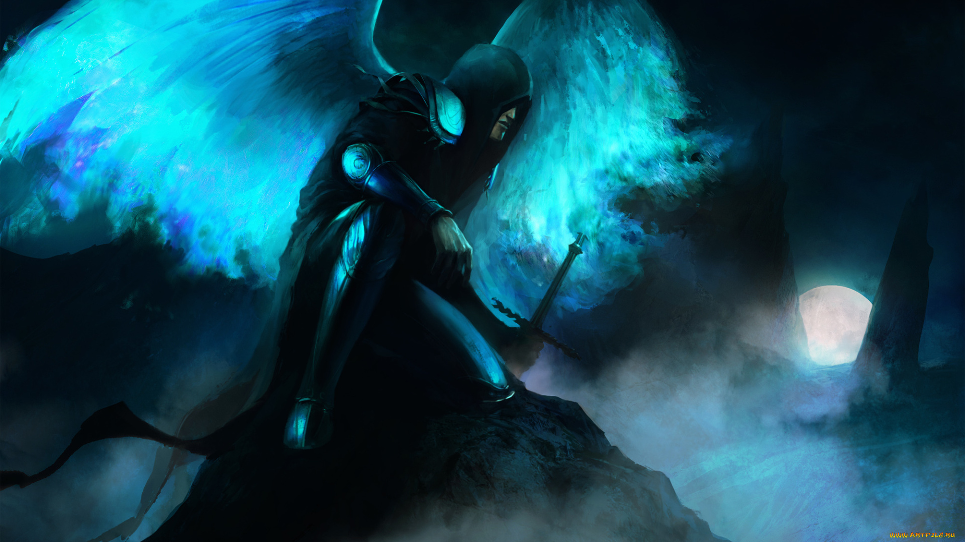 фэнтези, ангелы, арт, mazert, young, парень, меч, крылья, камень, скалы, луна, туман