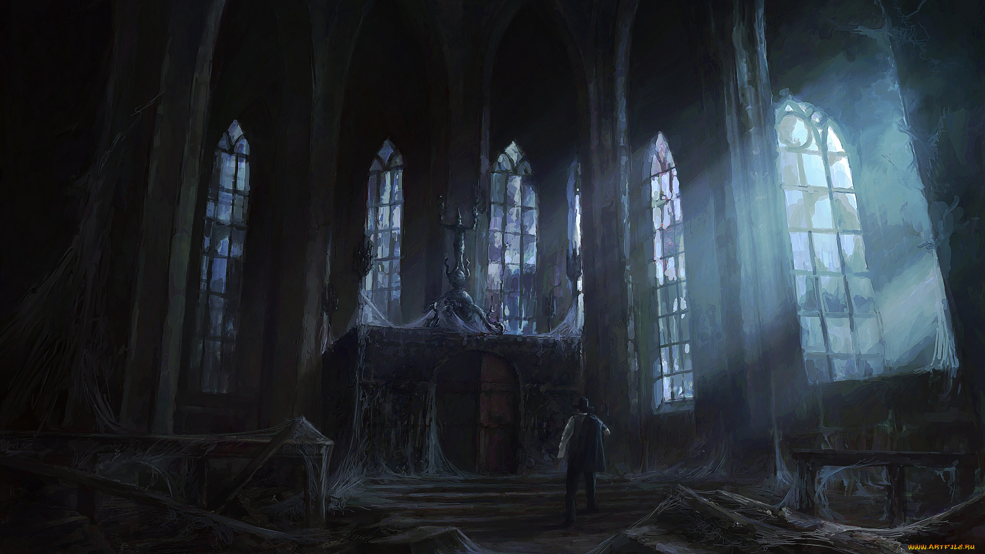 фэнтези, люди, заброшенность, мужчина, запустение, замок, холл, готика