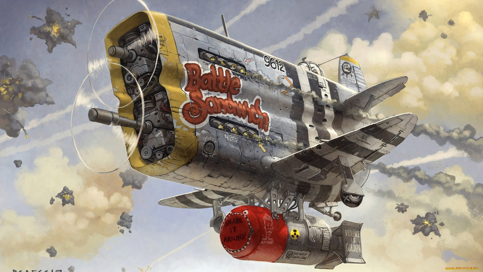 фэнтези, транспортные, средства, бомба, бомбардировщик, самолет, винты, небо, стимпанк