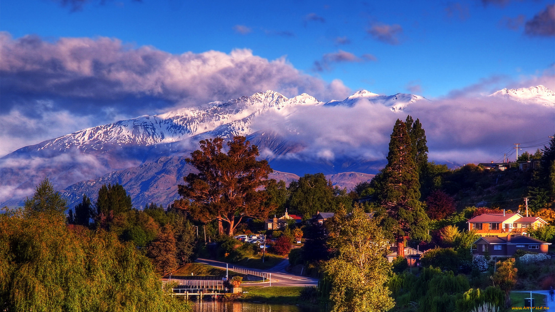 wanaka, otago, новая, зеландия, города, -, пейзажи, деревья, дорога, озеро, пейзаж, дома, новая, зеландия