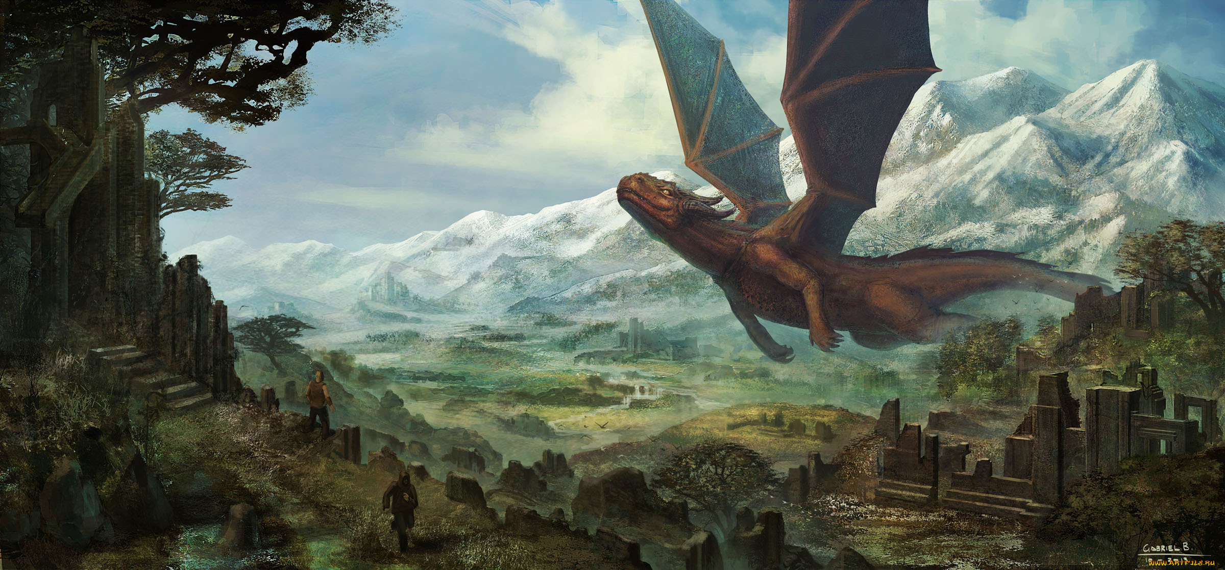 фэнтези, драконы, развалины, люди, дракон, горы, мир, иной