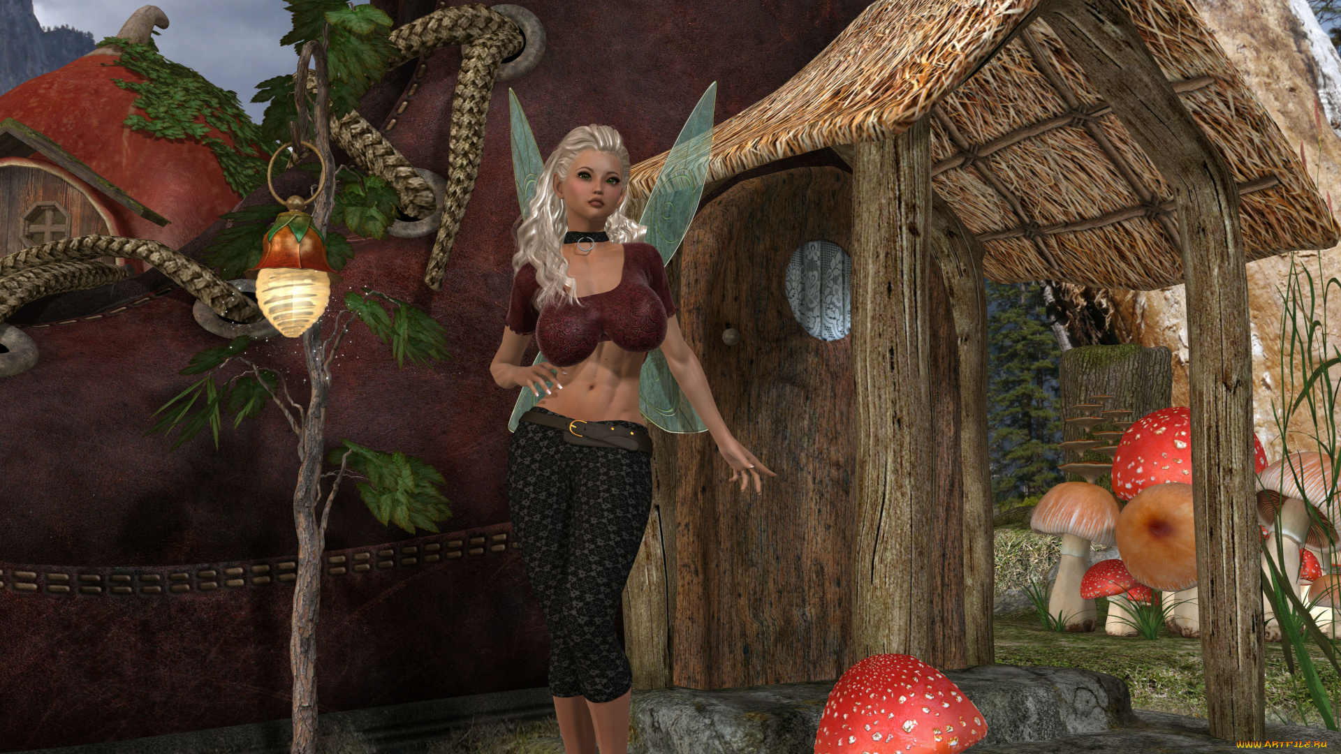 3д, графика, эльфы, , elves, фонарик, грибы, фон, взгляд, фея