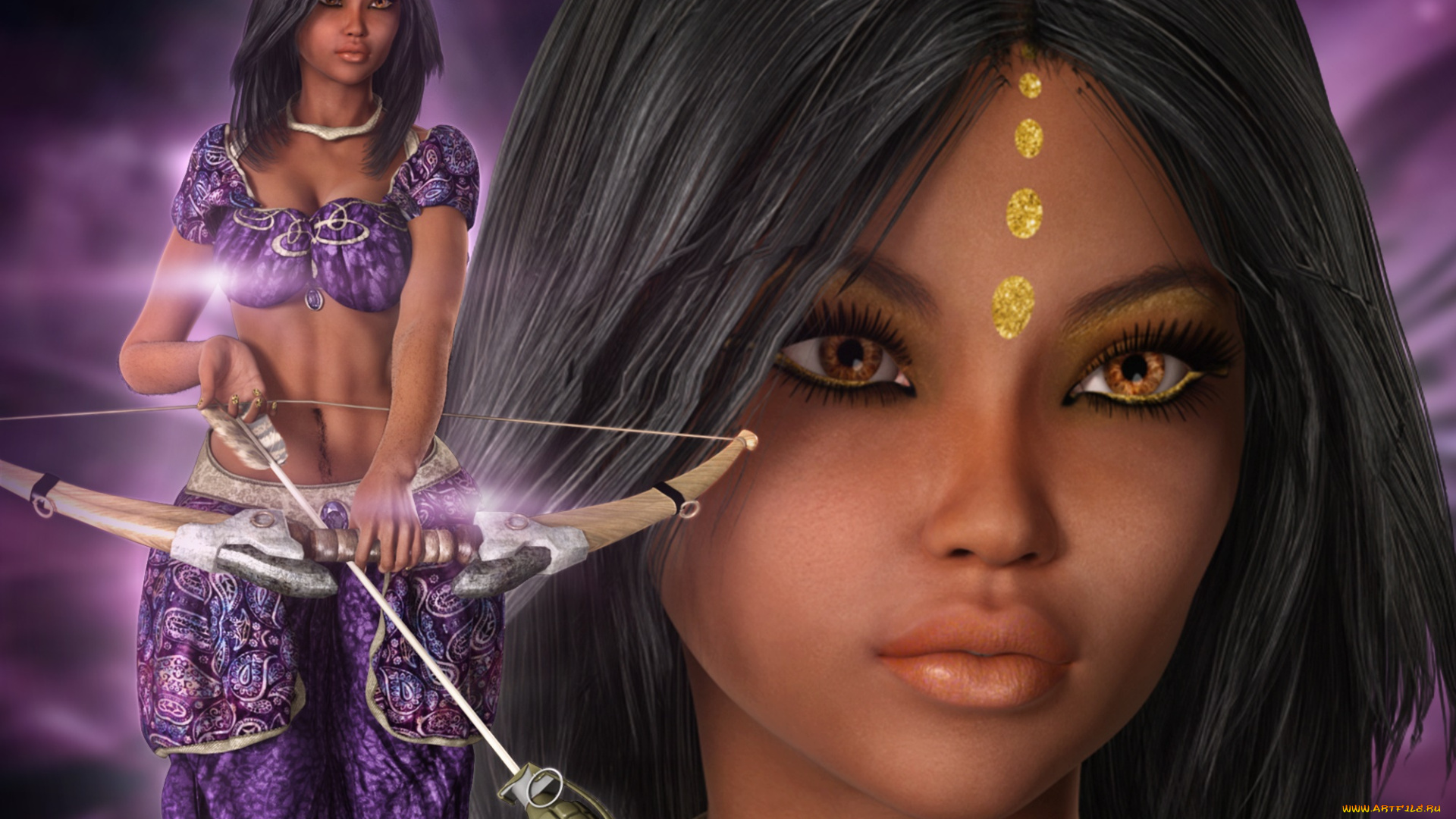 3д, графика, фантазия, , fantasy, лук, фон, девушка, взгляд