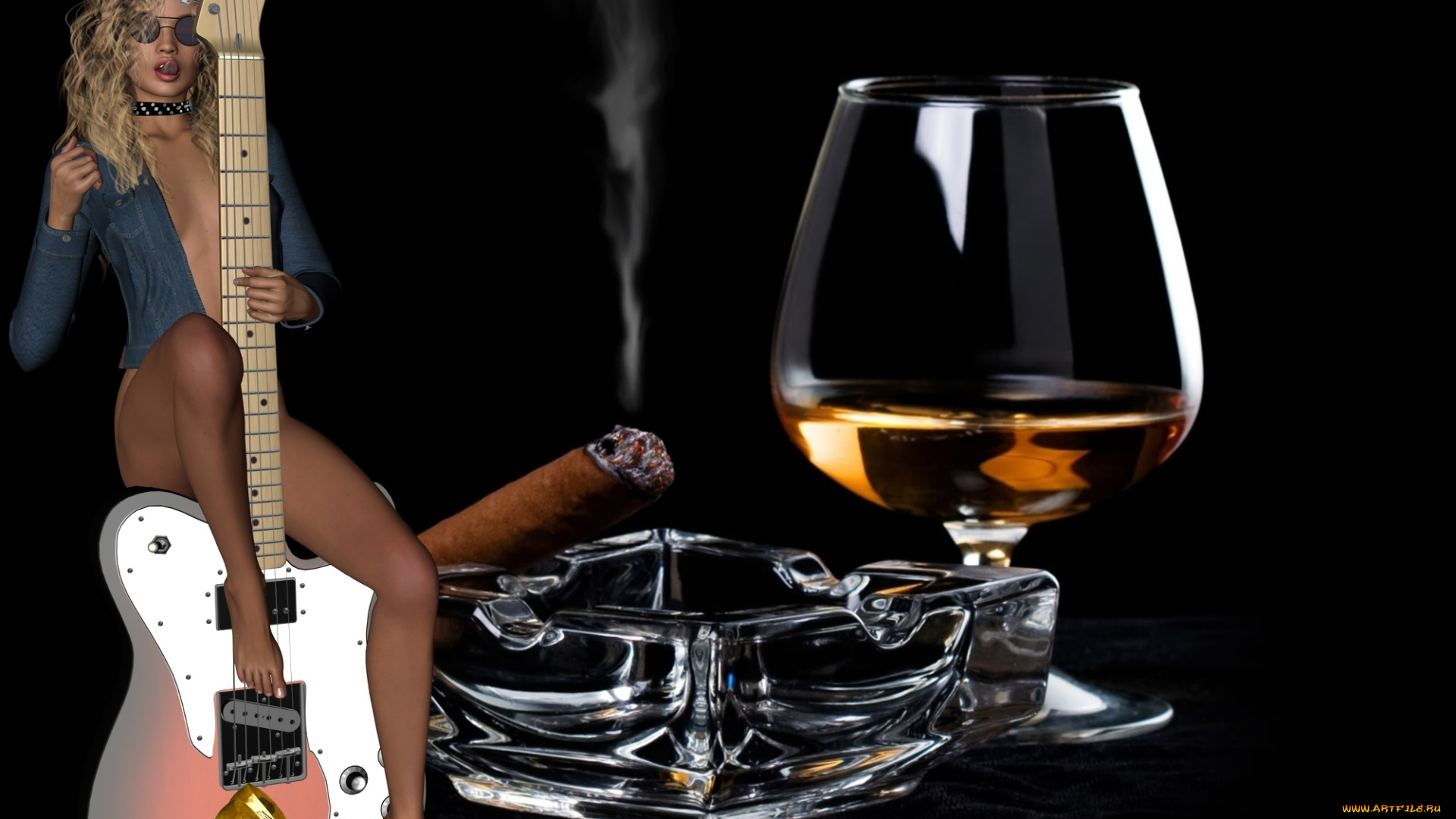 3д, графика, люди, , people, бокал, гитара, фон, взгляд, девушка