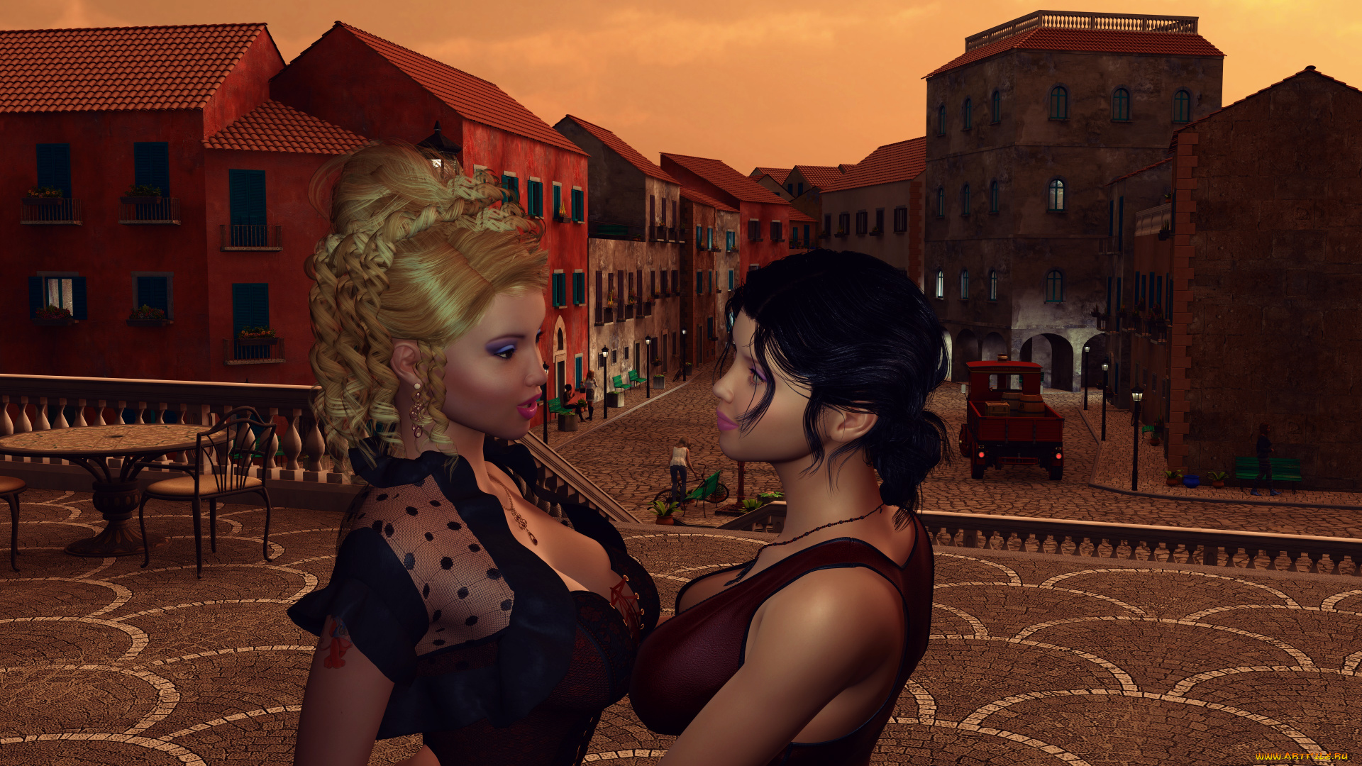 3д, графика, люди, , people, дома, улицы, город, фон, взгляд, девушки