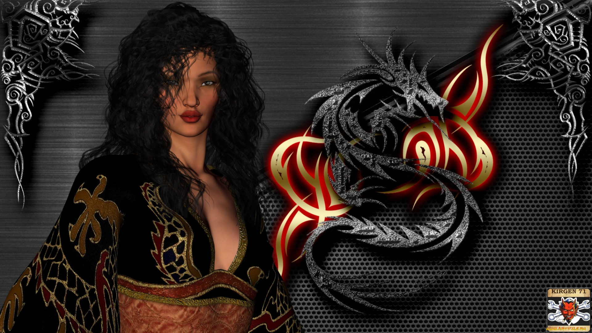 3д, графика, люди, , people, дракон, фон, взгляд, девушка