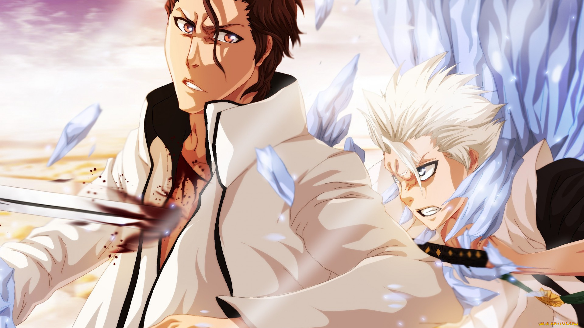аниме, bleach, кровь, мужчина, art, toshiro, hitsugaya, aizen, sousuke