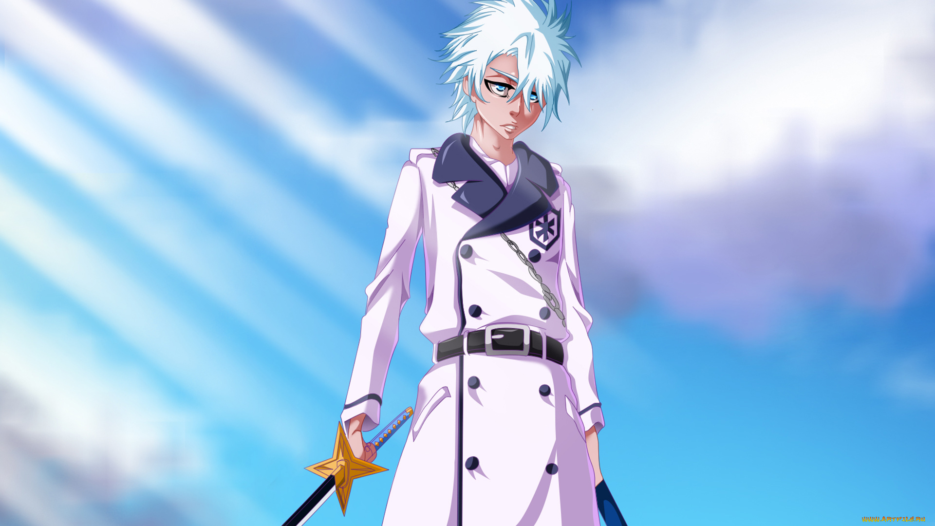 аниме, bleach, небо, взгляд, парень, shinigami, меч, hitsugaya, toshiro, облака