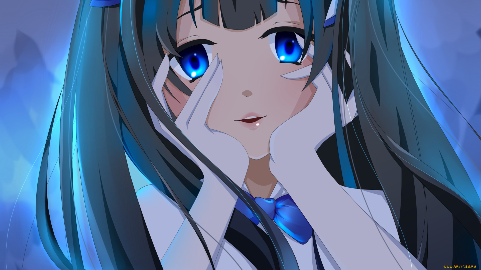 аниме, danmachi, портрет, лицо, руки, momodesuuu, hestia, взгляд, девушка, арт