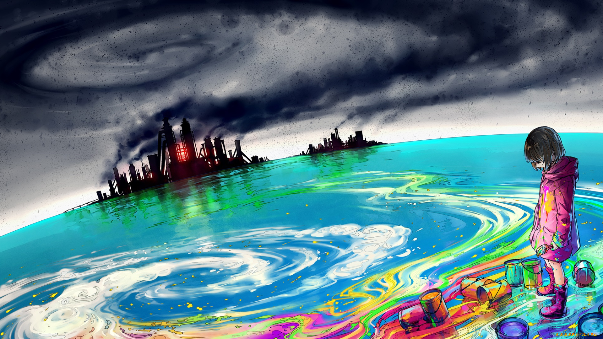 аниме, город, , улицы, , здания, wenqing, yan, арт, девочка, краски, загрязнение