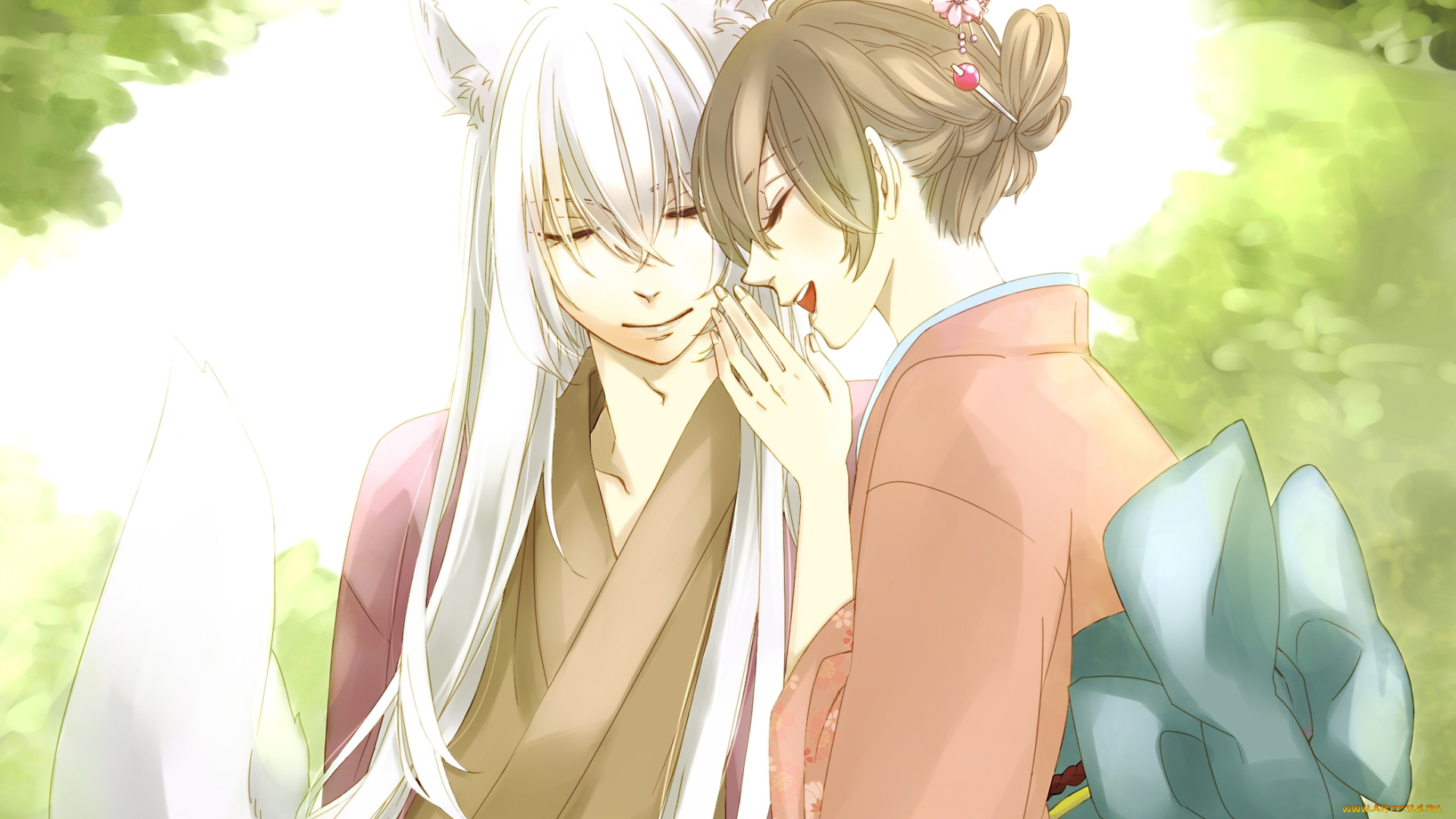 аниме, kamisama, hajimemashita, tomoe, kamisama, hajimemashita, хвост, арт, he-zo, nanami, momozono, девушка, парень, ушки, кимоно