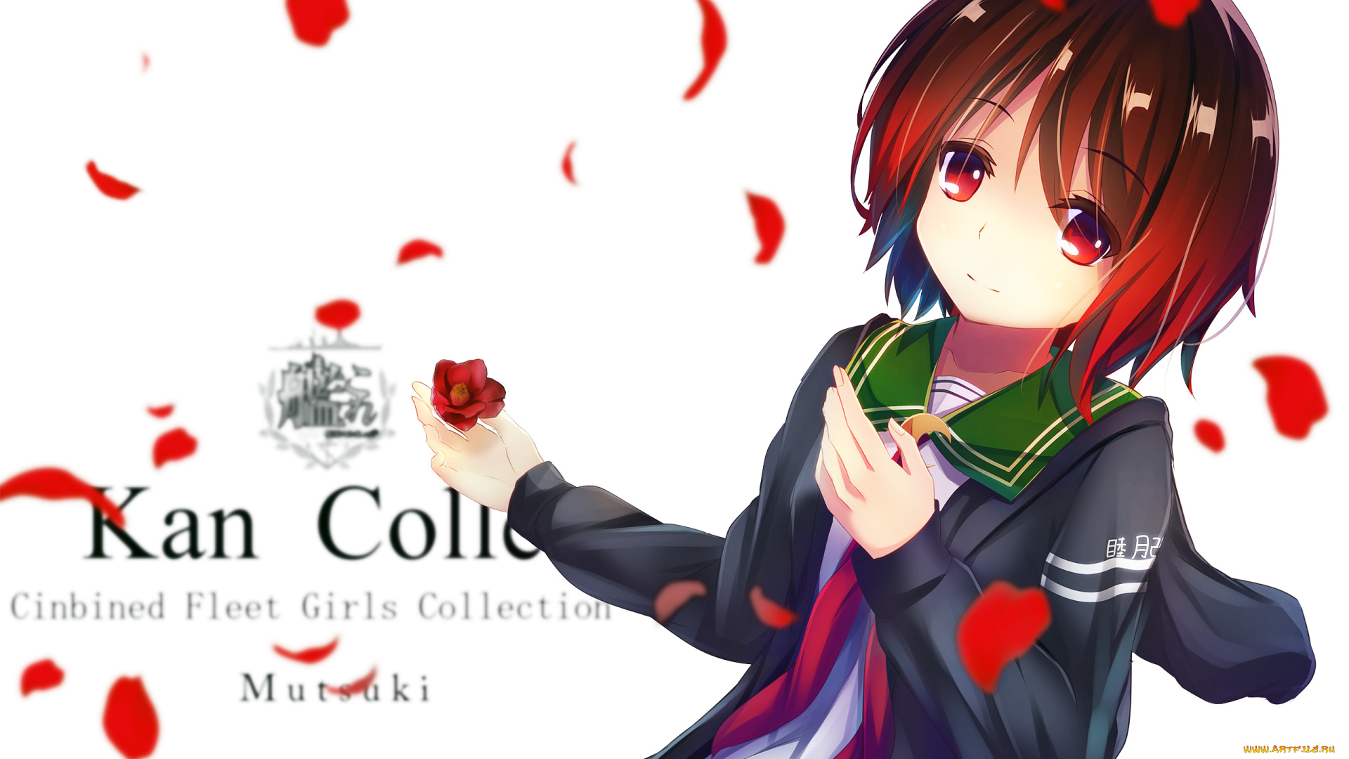аниме, kantai, collection, арт, лепестки, цветок, фон, девушка