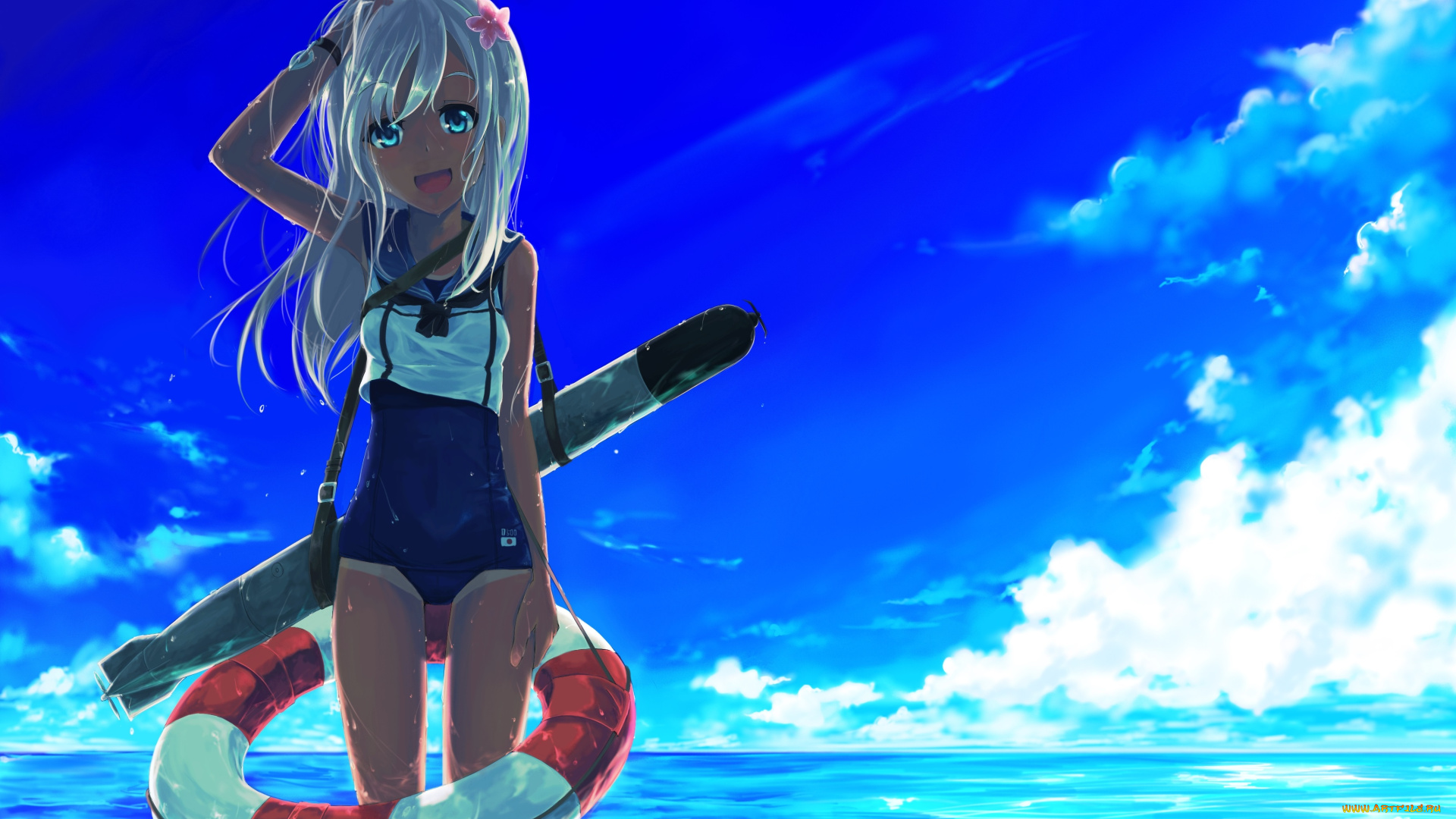 аниме, kantai, collection, kantai, collection, небо, море, цветок, круг, ракета, kancolle, ro-500, девочка