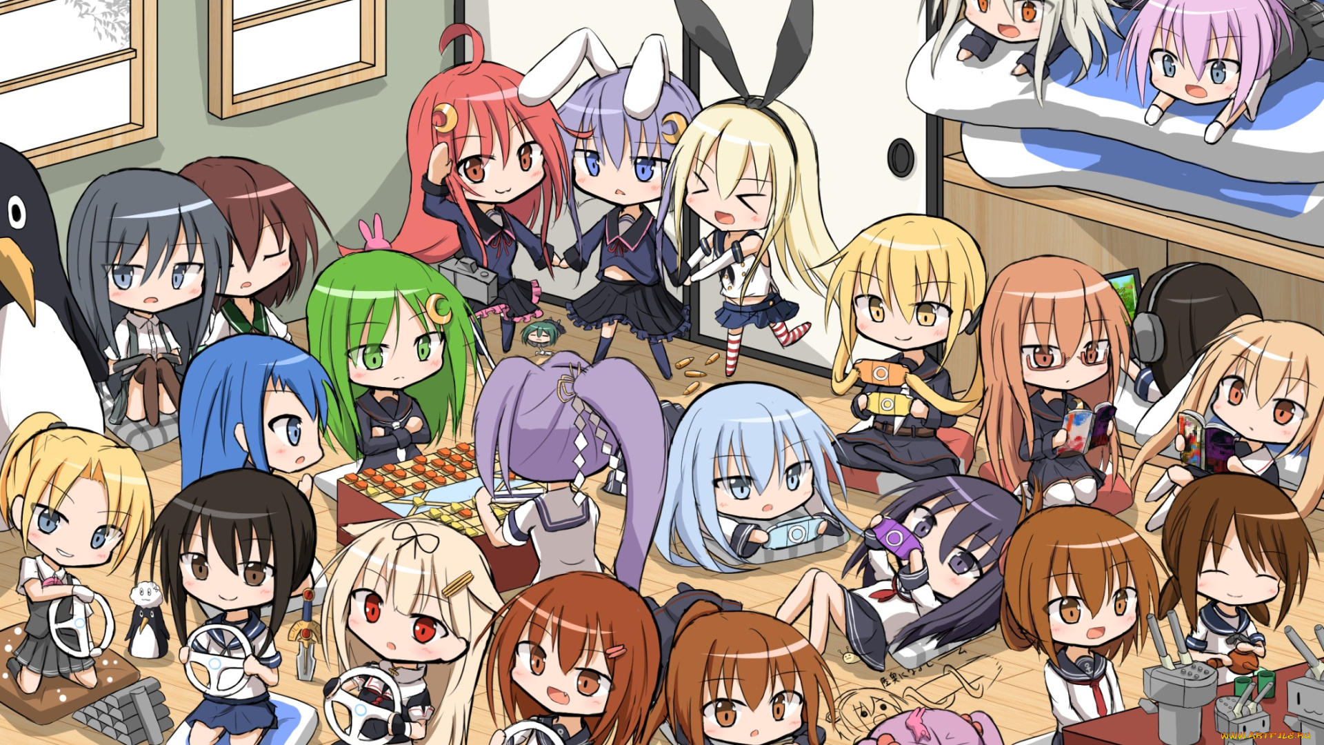 аниме, kantai, collection, персонажи, играют, комната, девочки, арт, kantai, collection