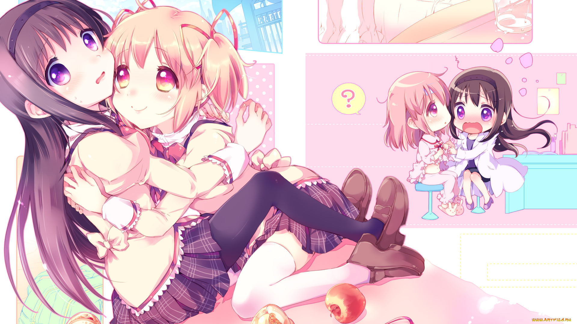 аниме, mahou, shoujo, madoka, magika, mahou, shoujo, madoka, magica, объятия, akemi, homura, kaname, арт, девочки, яблоки, yamada, ako