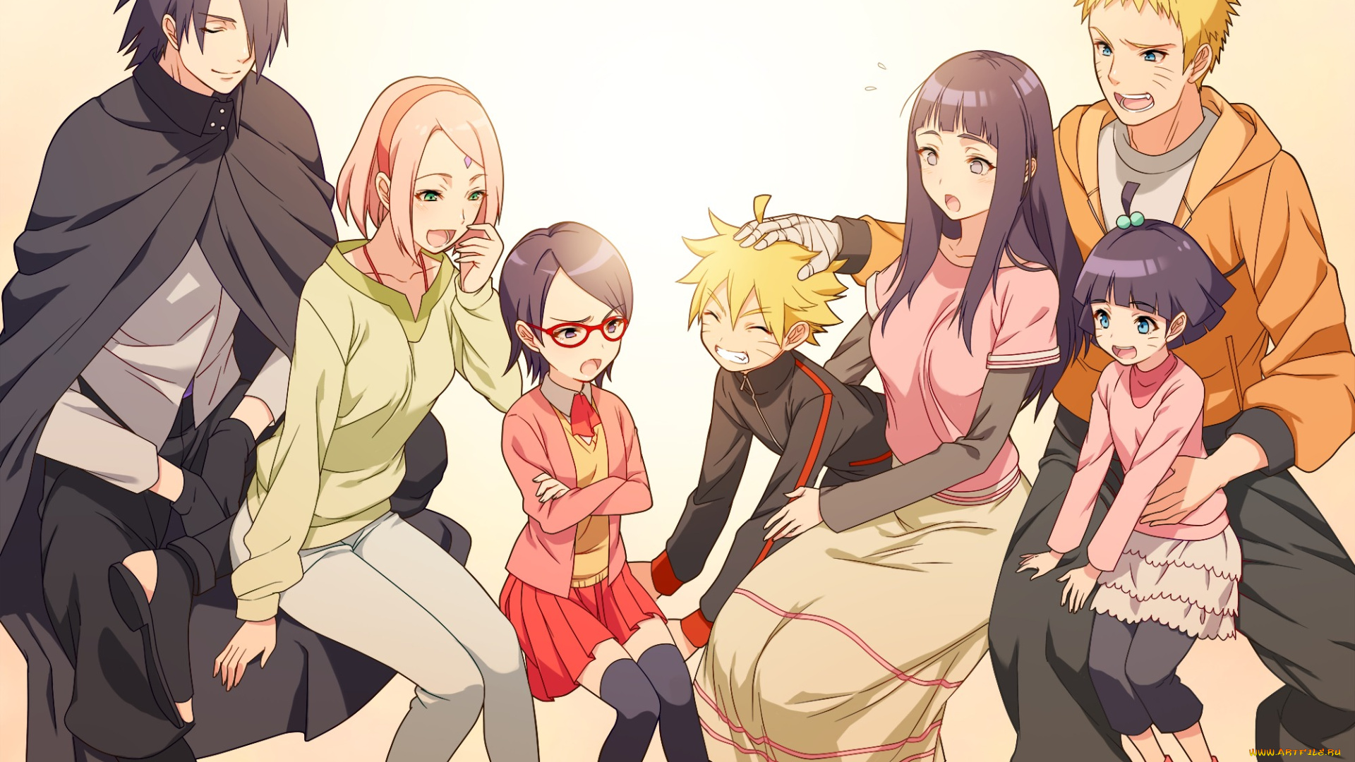 аниме, naruto, uchiha, sasuke, очки, радость, дети, haruno, sakura, семьи, uzumaki, morittokoke, пары, девушки, himawari, арт, парни, boruto, sarada, hyuuga, hinata